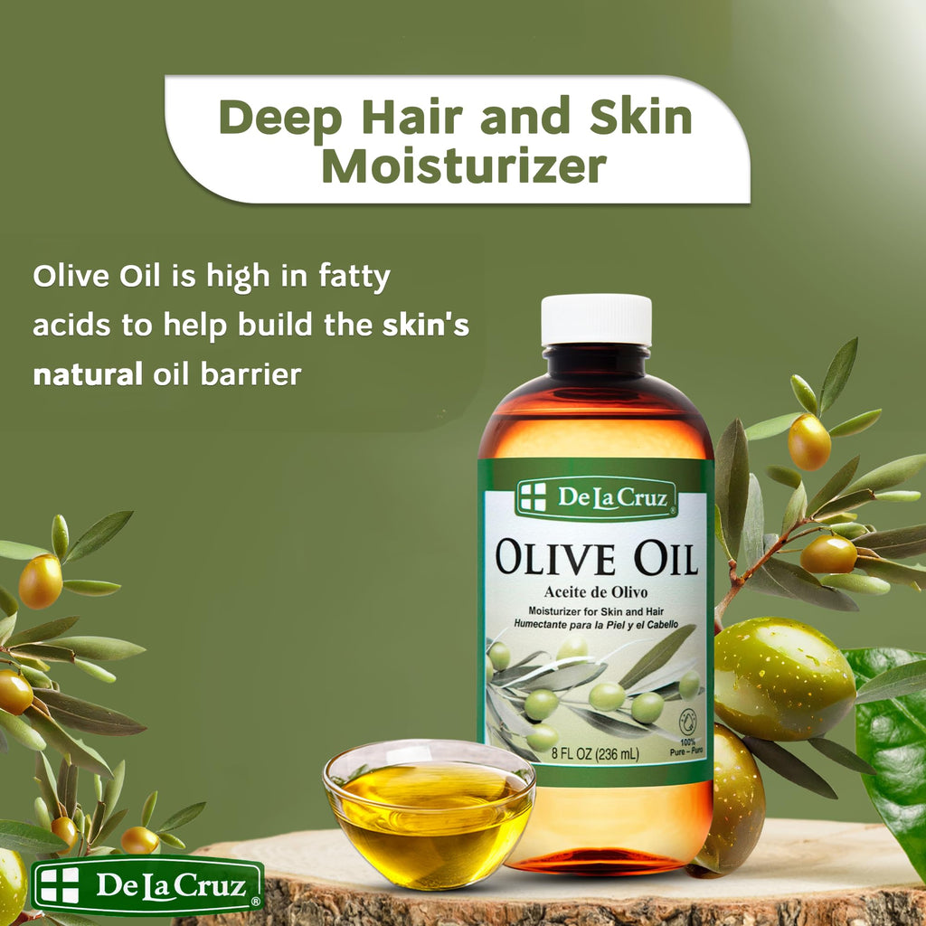 De La Cruz Pure Olive Oil - Expeller Pressed, 8 oz x 2, Hair & Skin Lightweight Oil