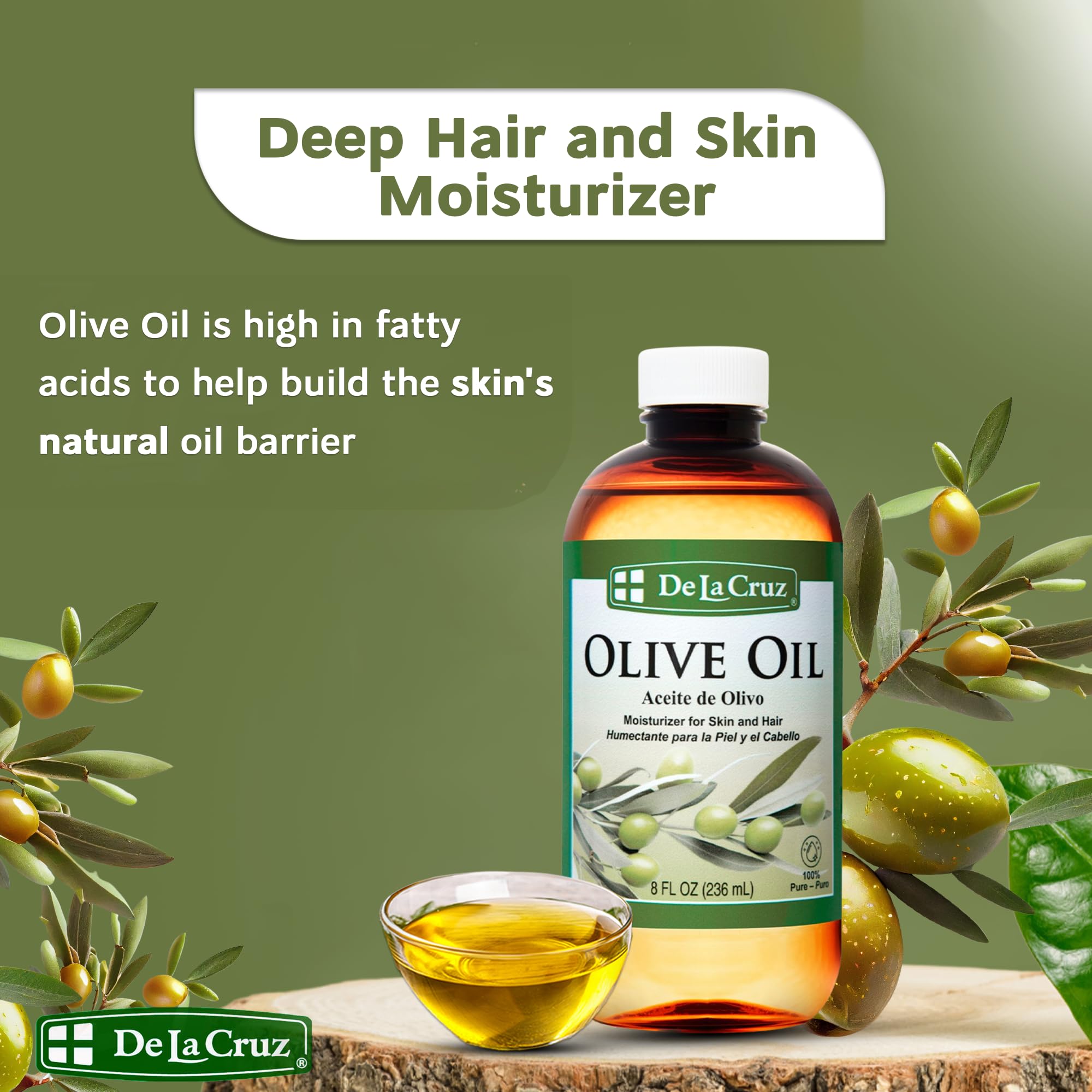 De La Cruz Pure Olive Oil - Expeller Pressed, 8 oz x 2, Hair & Skin Lightweight Oil