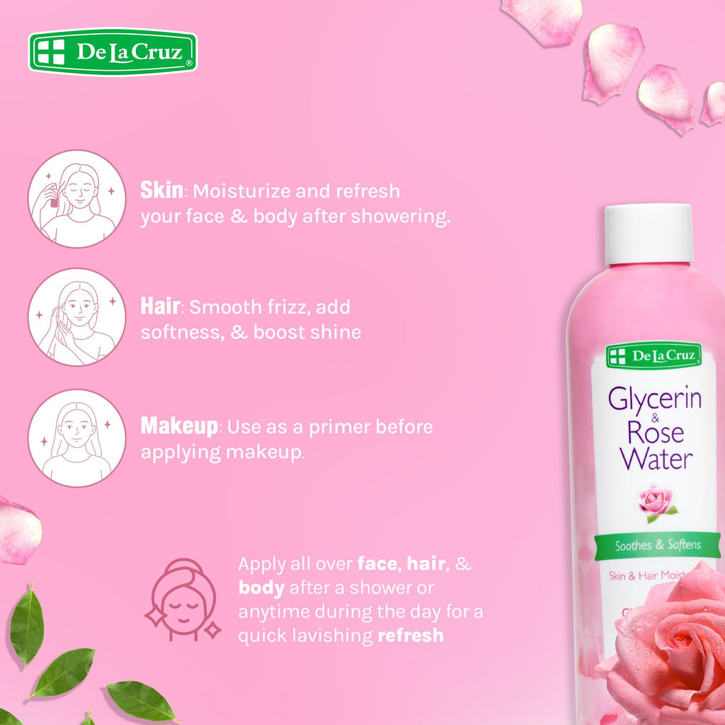 De La Cruz Rose Water with Glycerin – Rosewater Toner & Moisturizer for Face & Hair, 2 Bottles (8 oz each)