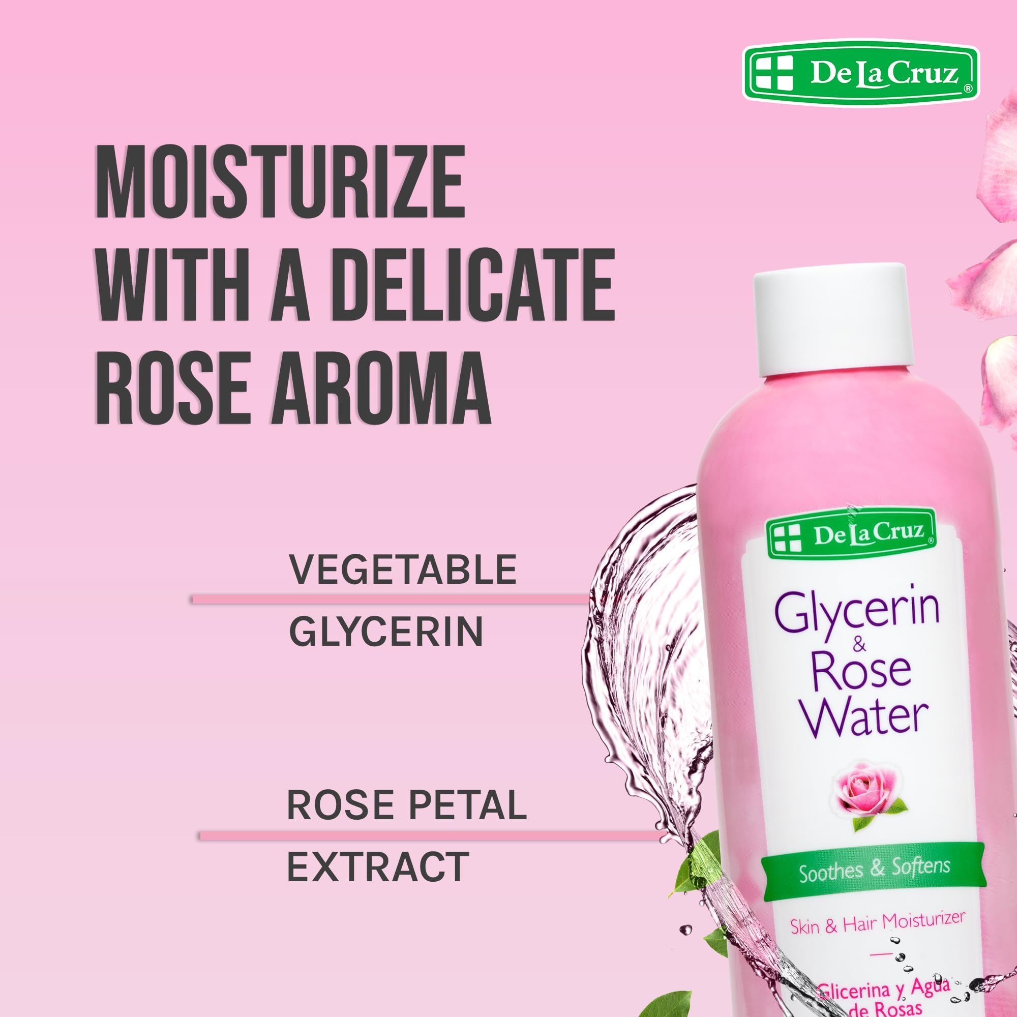 De La Cruz Rose Water with Glycerin – Rosewater Toner & Moisturizer for Face & Hair, 2 Bottles (8 oz each)