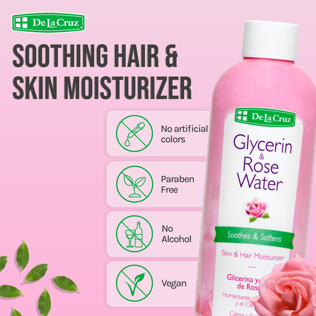 De La Cruz Rose Water with Glycerin – Rosewater Toner & Moisturizer for Face & Hair, 2 Bottles (8 oz each)