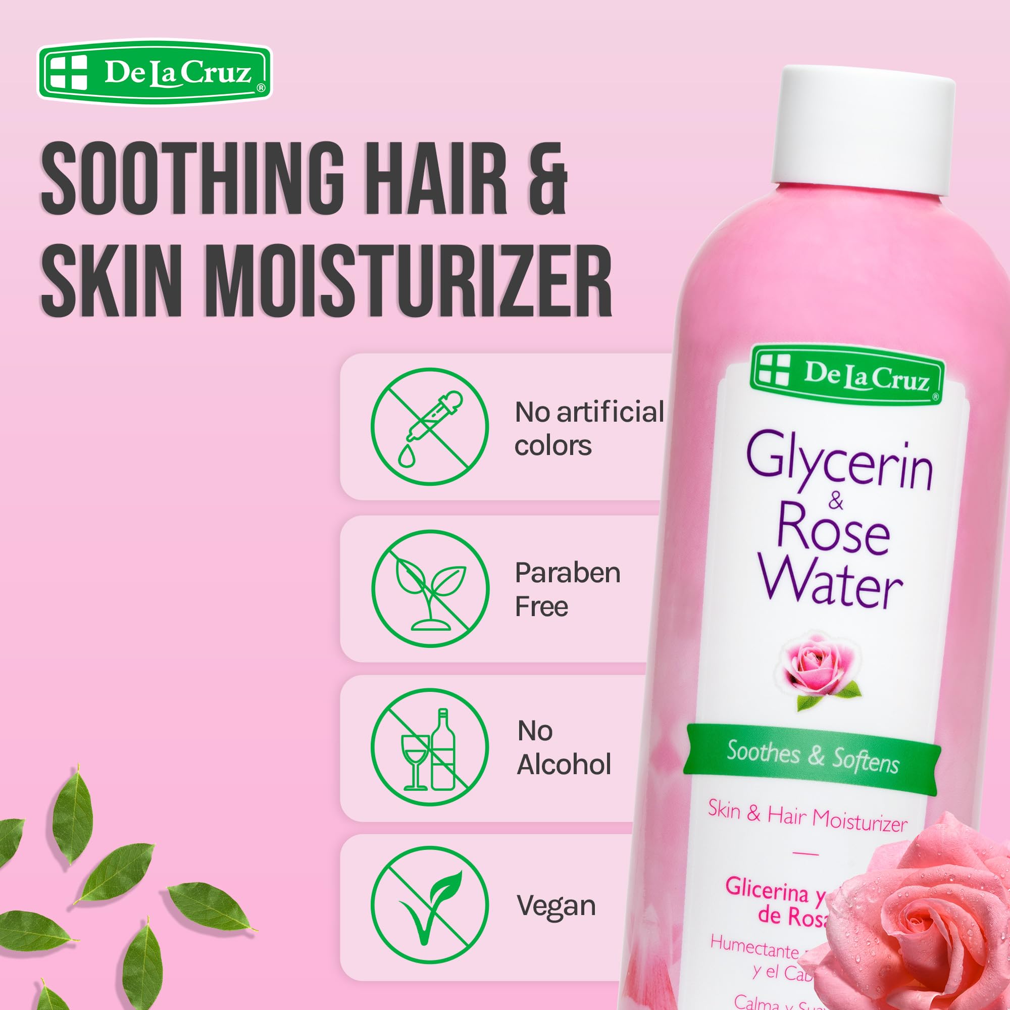 De La Cruz Rose Water with Glycerin – Rosewater Toner & Moisturizer for Face & Hair, 2 Bottles (8 oz each)