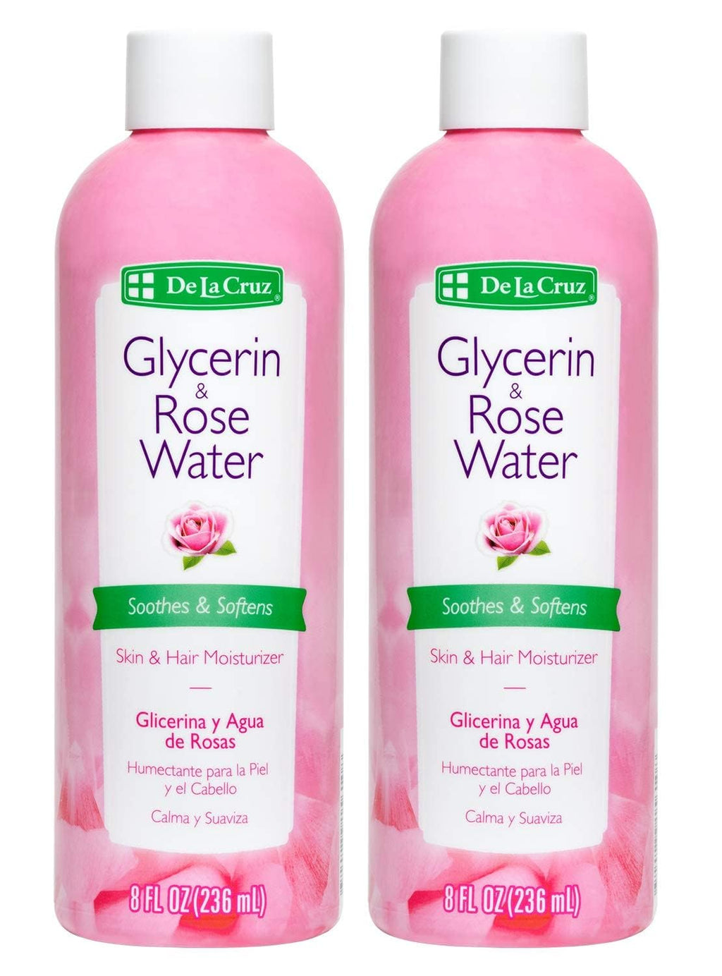 De La Cruz Rose Water with Glycerin – Rosewater Toner & Moisturizer for Face & Hair, 2 Bottles (8 oz each)