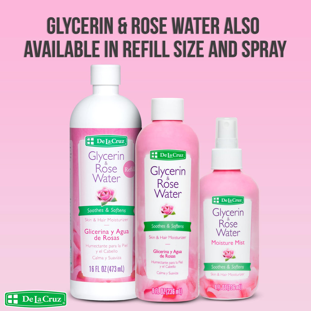 De La Cruz Rose Water with Glycerin – Rosewater Toner & Moisturizer for Face & Hair, 2 Bottles (8 oz each)
