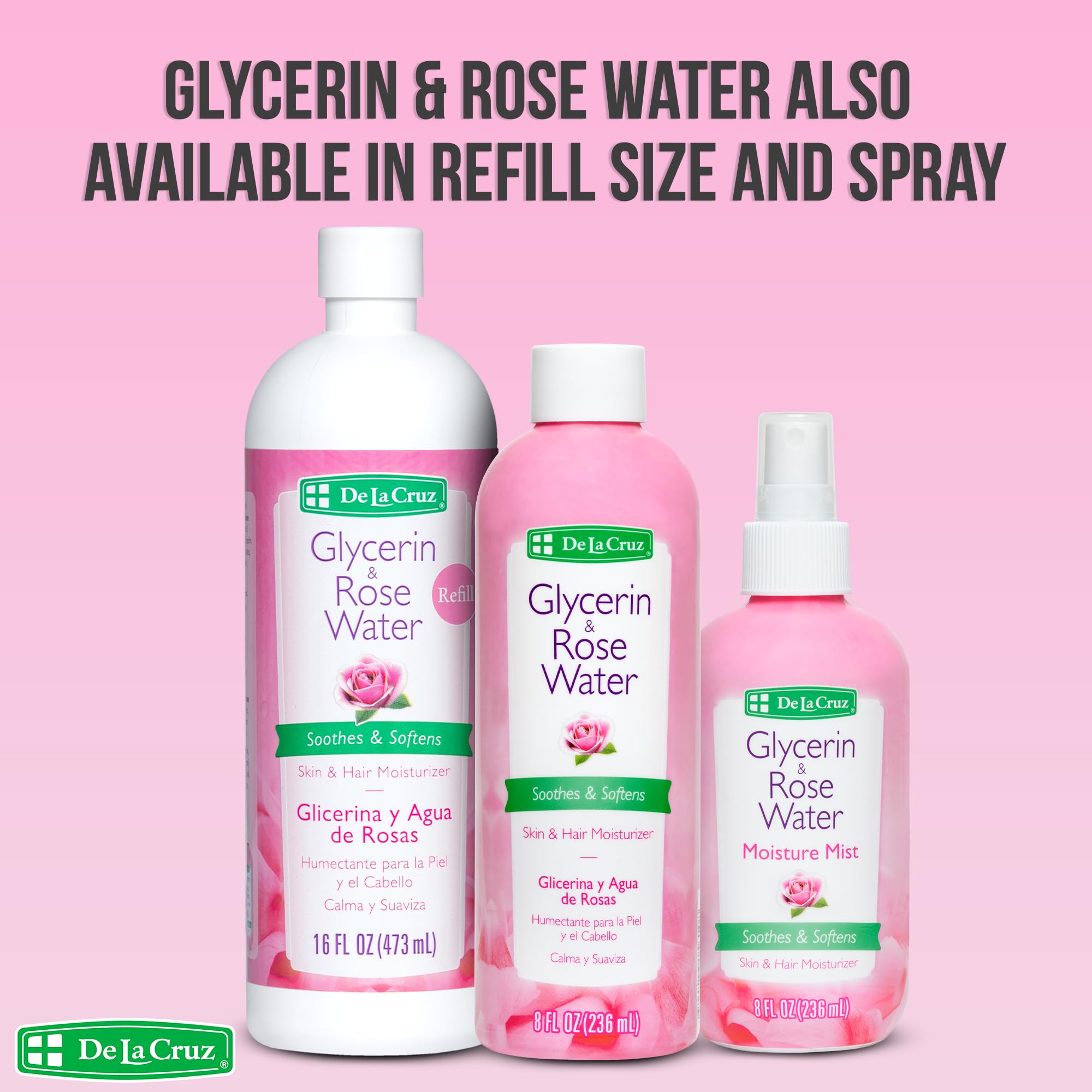 De La Cruz Rose Water with Glycerin – Rosewater Toner & Moisturizer for Face & Hair, 2 Bottles (8 oz each)