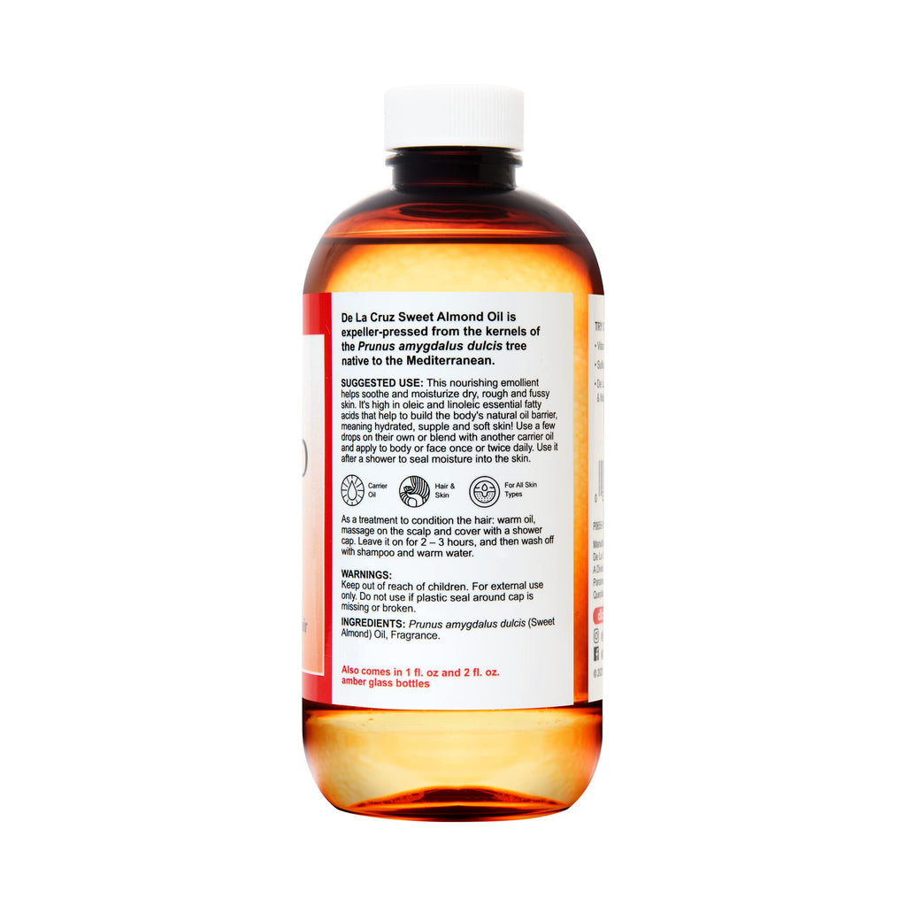 De La Cruz Sweet Almond Oil – Expeller-Pressed Almond Oil for Skin and Hair 8 FL OZ (236 mL)