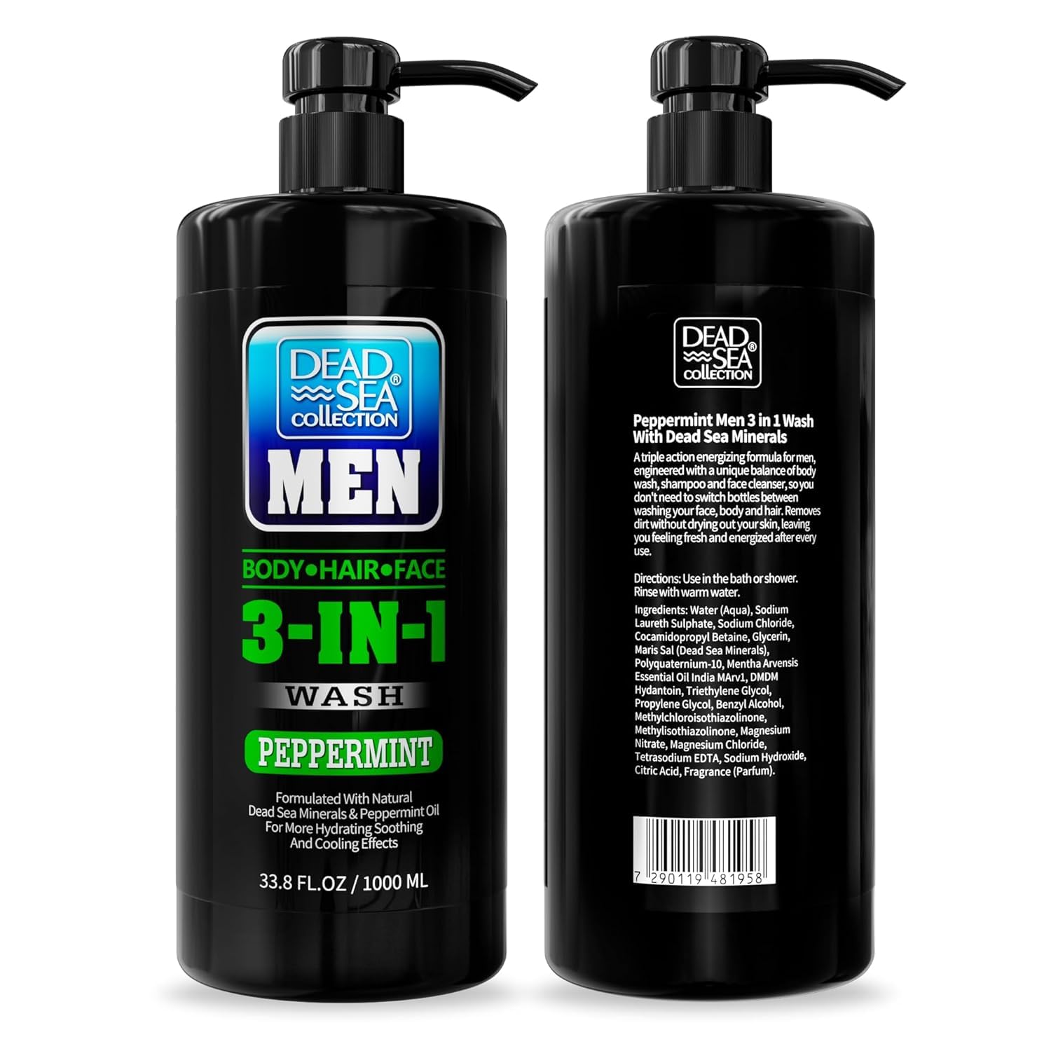 Dead Sea Collection Peppermint Men’s 3-in-1 Body Wash – Pack of 2 (33.8 fl oz each)