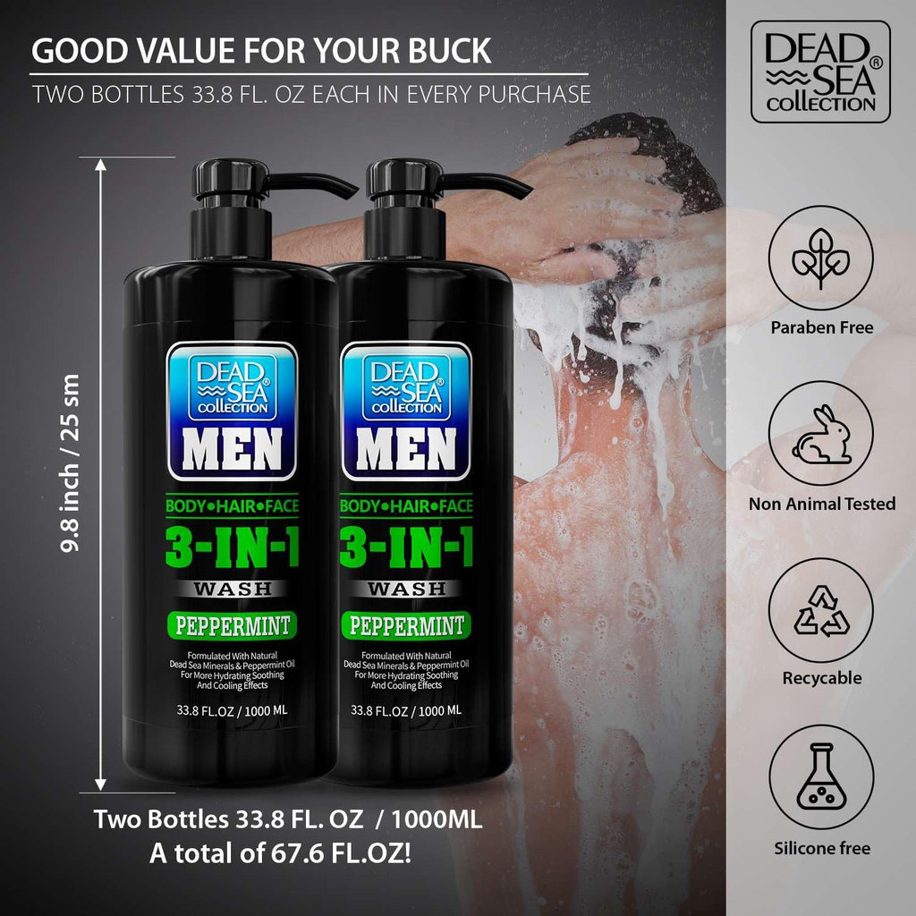 Dead Sea Collection Peppermint Men’s 3-in-1 Body Wash – Pack of 2 (33.8 fl oz each)