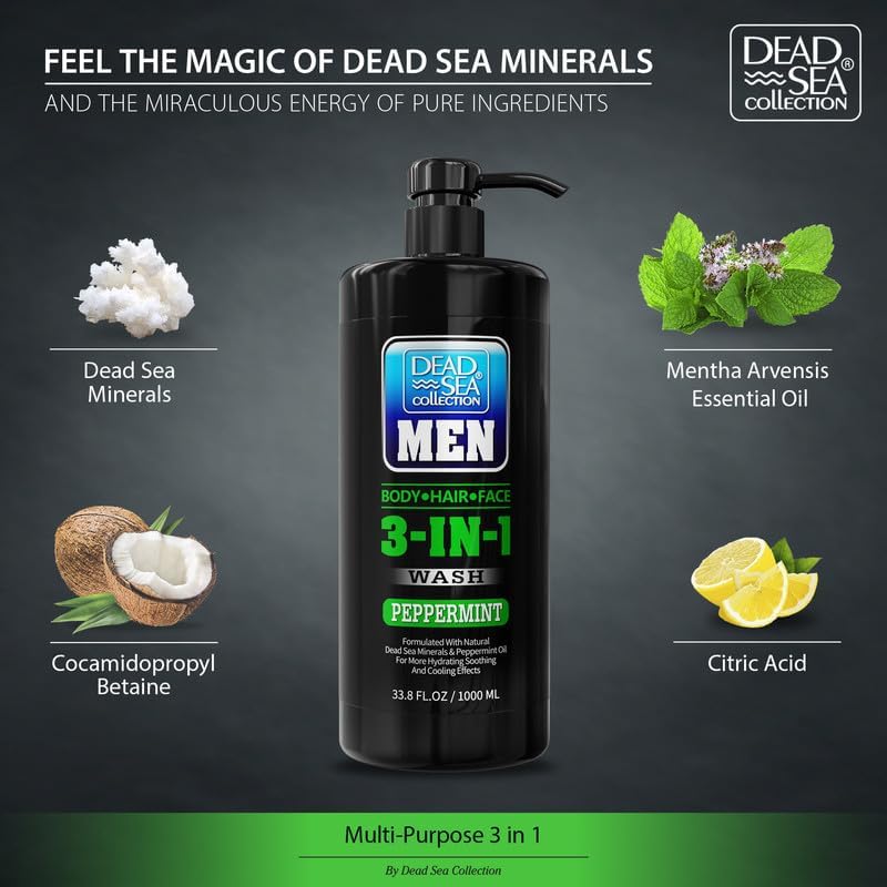 Dead Sea Collection Peppermint Men’s 3-in-1 Body Wash – Pack of 2 (33.8 fl oz each)