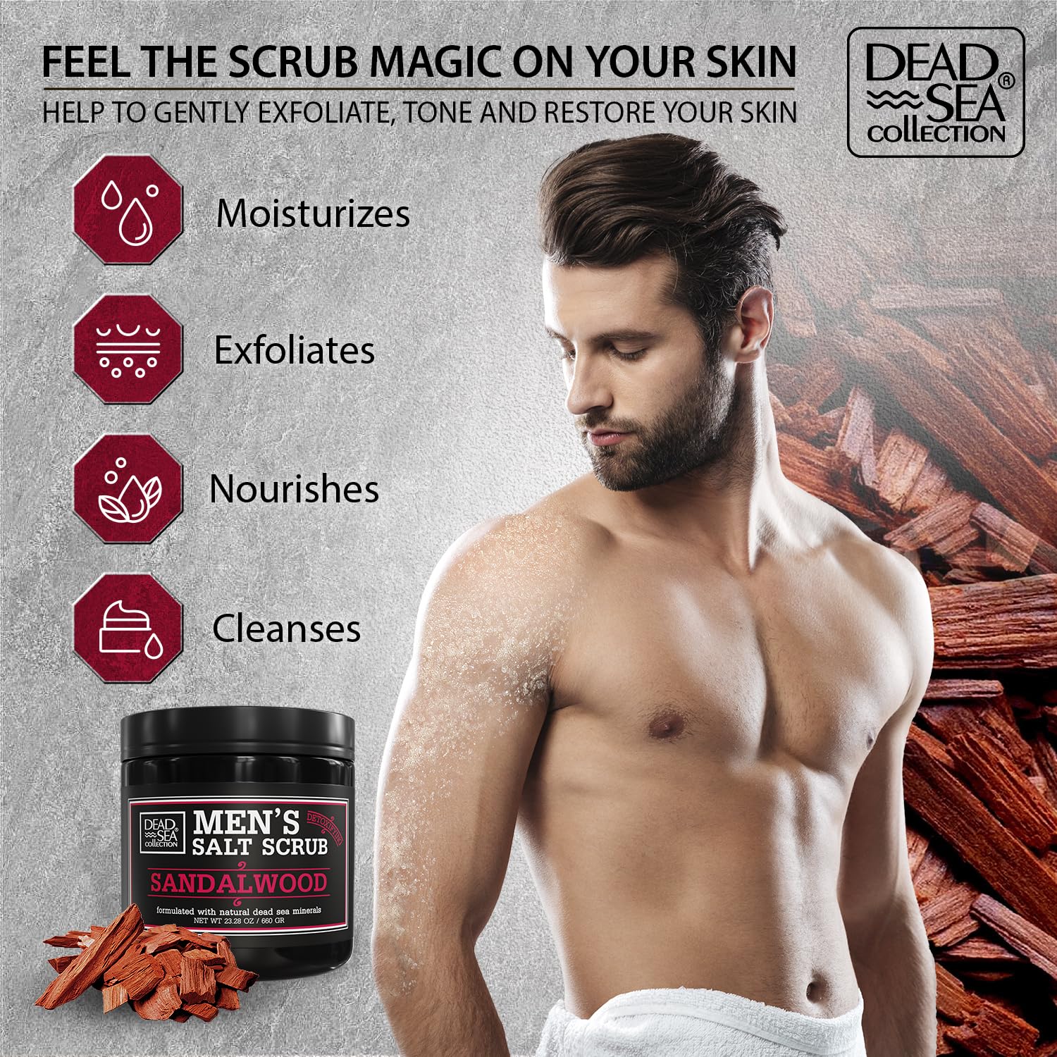 Dead Sea Collection Salt Body Scrub Sandalwood for Men – Exfoliate, Moisturize & Detox with Dead Sea Minerals (23.28 oz)