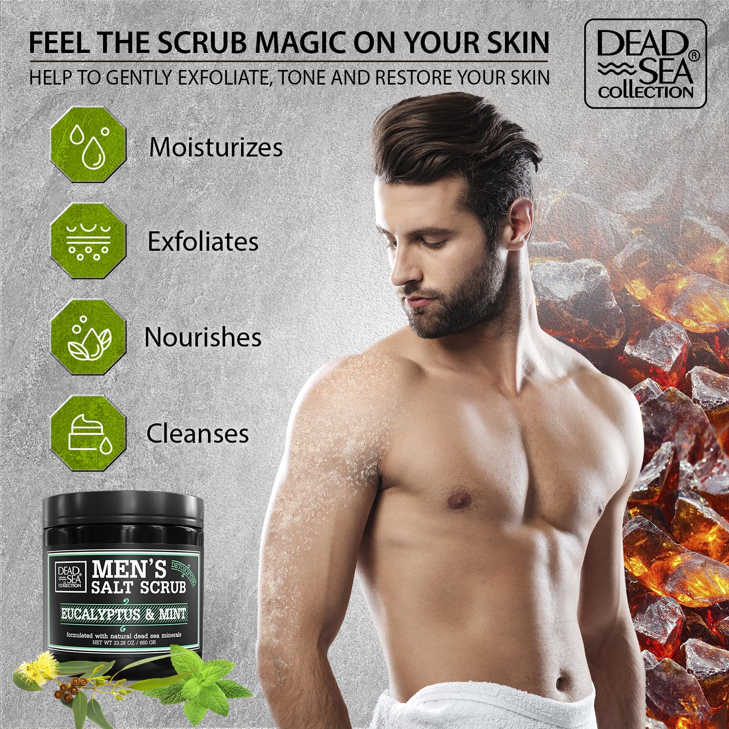Dead Sea Collection Salt Body Scrub Eucalyptus & Mint for Men - Exfoliate, Hydrate & Detoxify (23.28 oz)