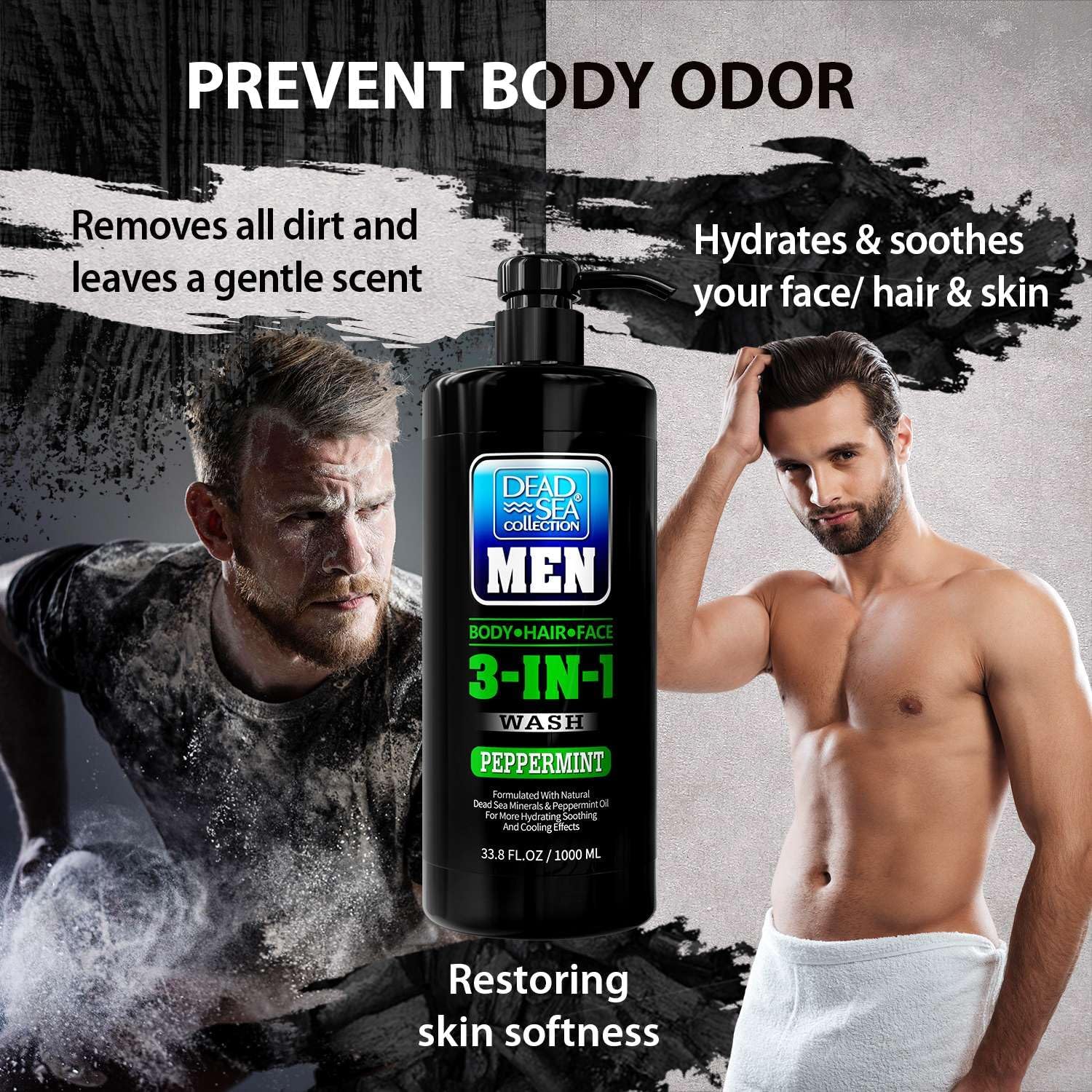 Dead Sea Collection Peppermint Men’s 3-in-1 Body Wash – Pack of 2 (33.8 fl oz each)