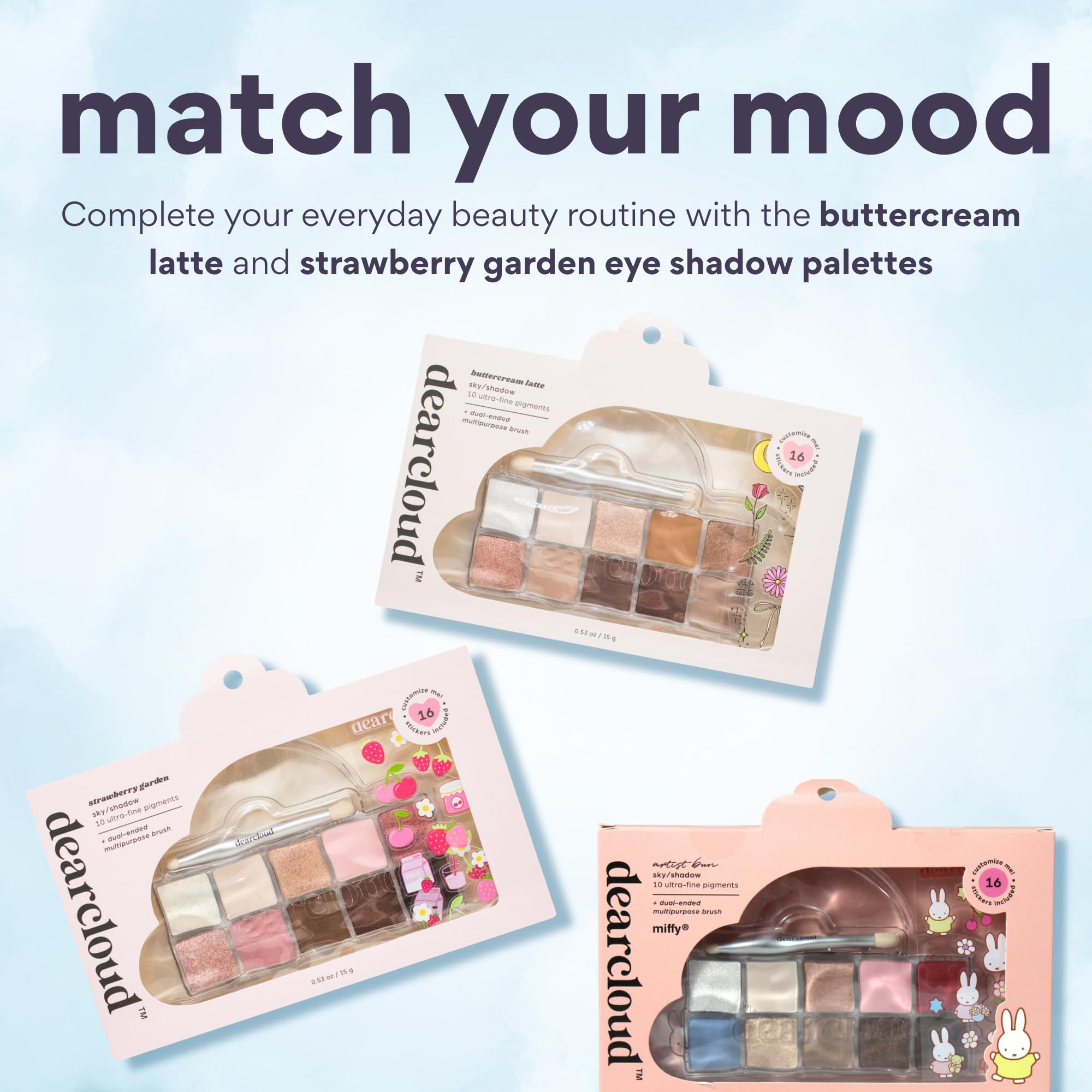 dearcloud Miffy Sky & Shadow Eye Shadow Palette — 10 Ultra-Fine Pigments & Dual-Ended Brush