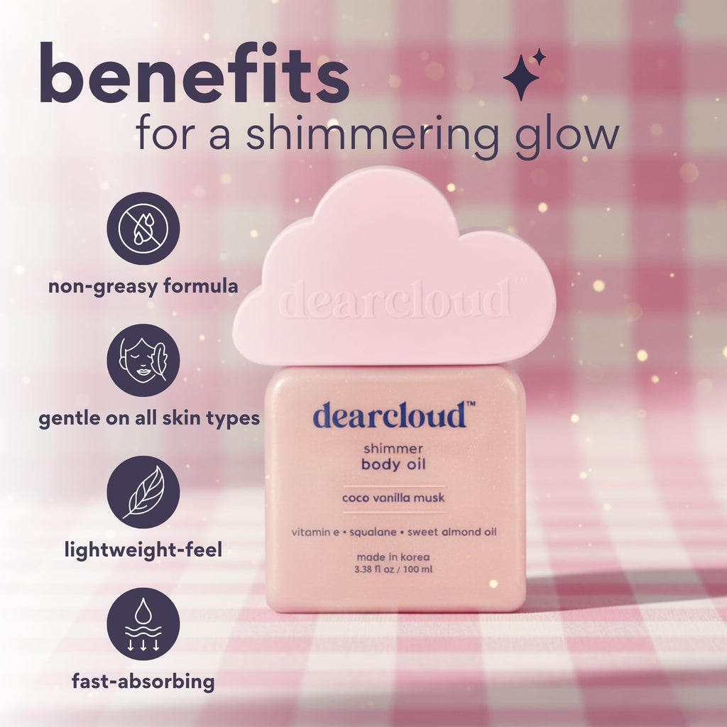 Dearcloud Shimmer Body Oil – Coco Vanilla Musk | Hydrating & Nourishing Skin (3.38 fl oz)