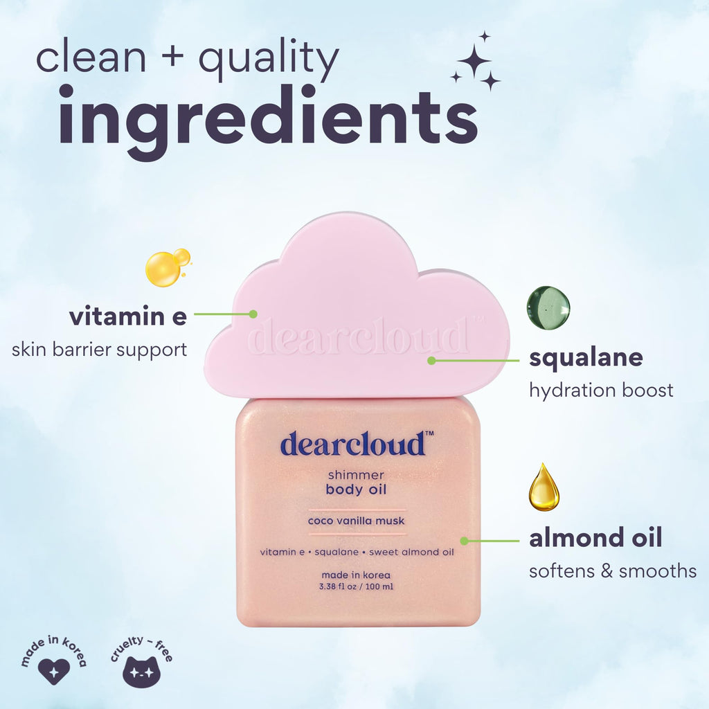 Dearcloud Shimmer Body Oil – Coco Vanilla Musk | Hydrating & Nourishing Skin (3.38 fl oz)