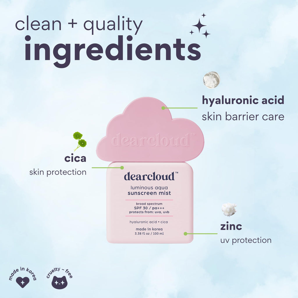 Dearcloud Luminous Aqua Sun Mist SPF 30 – Korean Cica + Hyaluronic Acid Spray Sunscreen