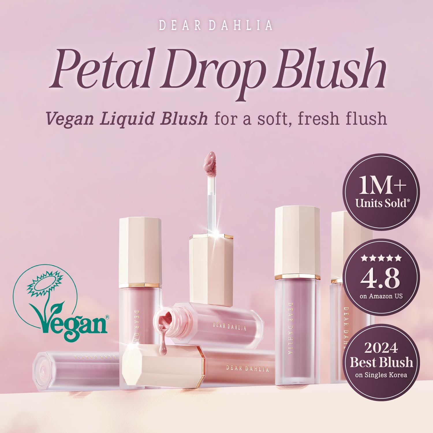 DEAR DAHLIA Petal Drop Blush Moody – Lightweight Vegan Liquid Blush, Watercolor Finish, 0.14 oz