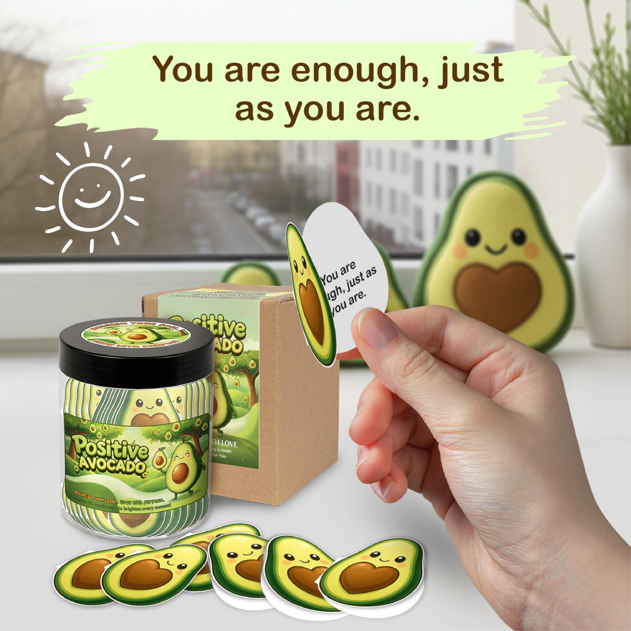 DEARMINE Positive Avocado Jar – 60 Affirmation Cards for Daily Encouragement & Office Joy