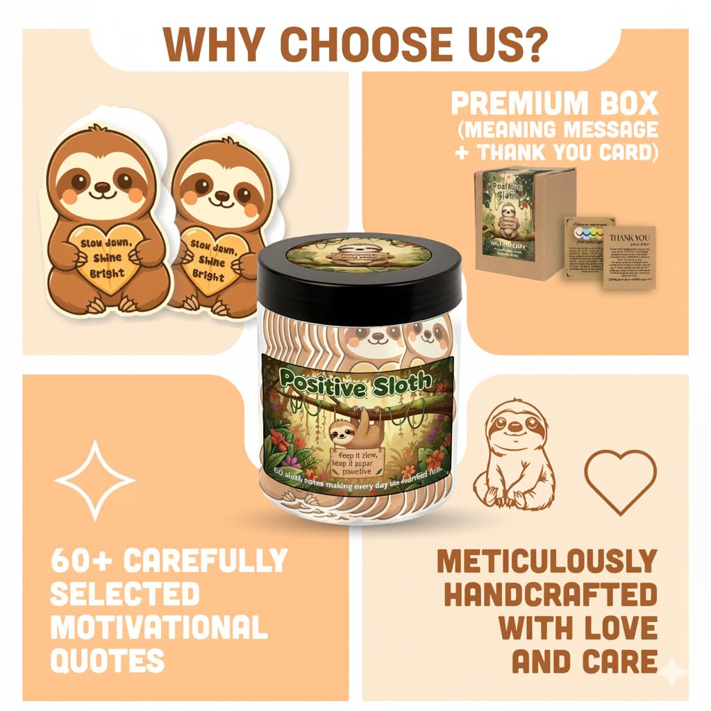 DEARMINE Positive Sloth Jar with 60 Affirmation Cards – Mindfulness Gift & Desk Decor