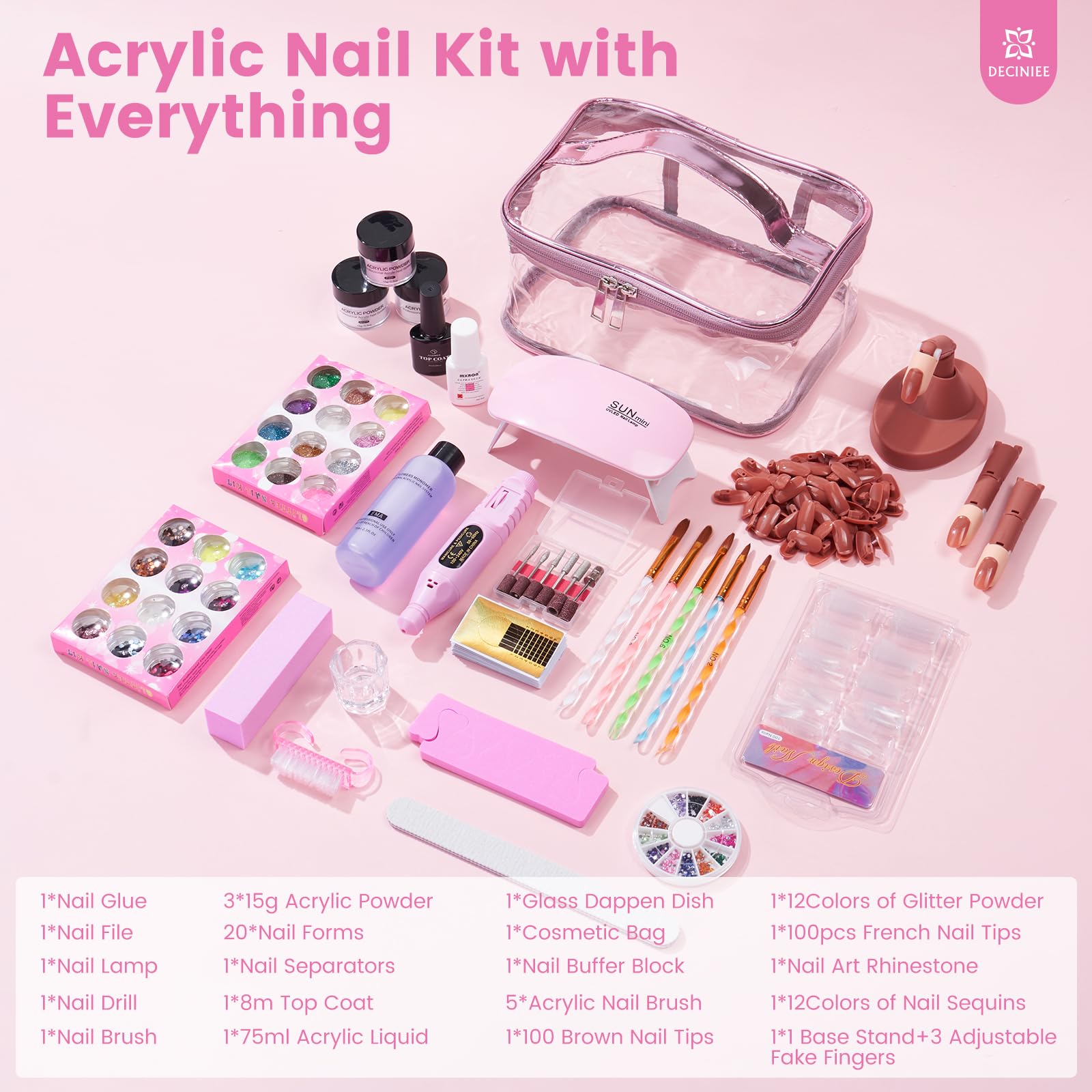 Deciniee Nail Kit for Beginners – All-in-One Acrylic Powder & Liquid Set with UV Light (Pink)