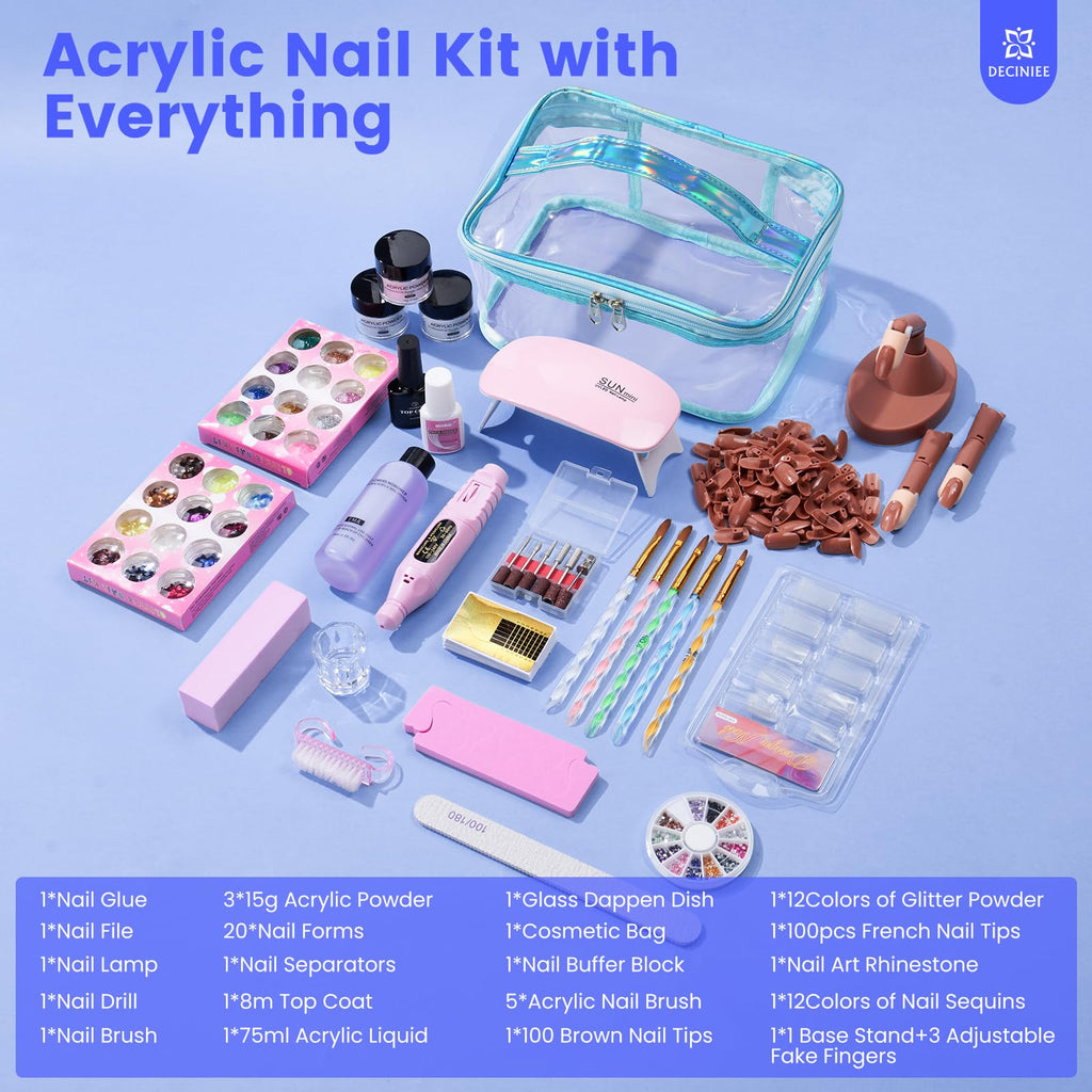 Deciniee Nail Kit for Beginners – All-in-One Acrylic Set with UV Light, Practice Fingers & Makeup Bag | Home Salon