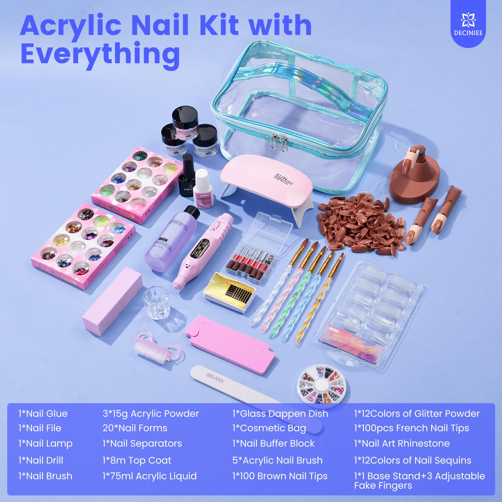 Deciniee Nail Kit for Beginners – All-in-One Acrylic Set with UV Light, Practice Fingers & Makeup Bag | Home Salon