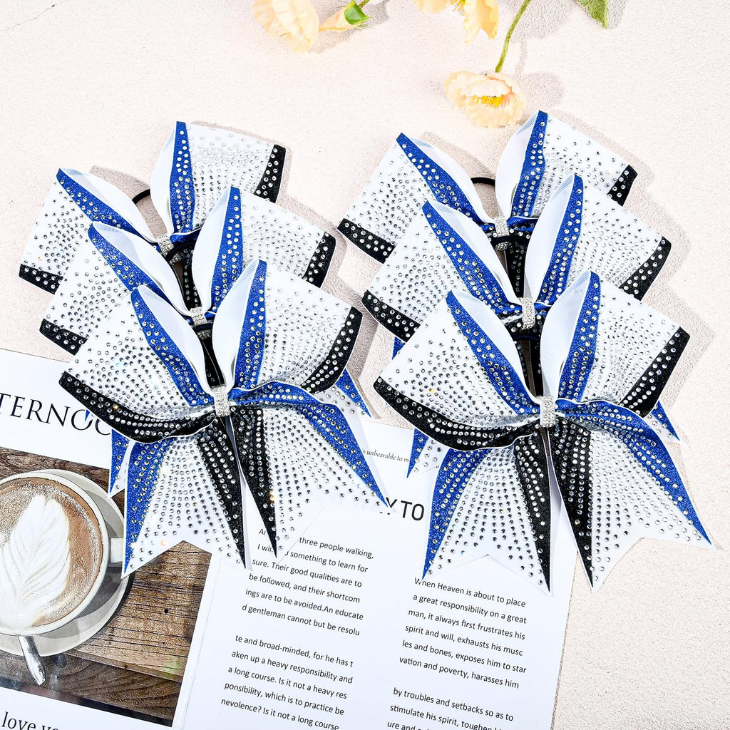 DEEKA 6-Pack 8-Inch Glitter Bows (Royal Blue/Black/White) with Rhinestones | Elastic Hair Ties