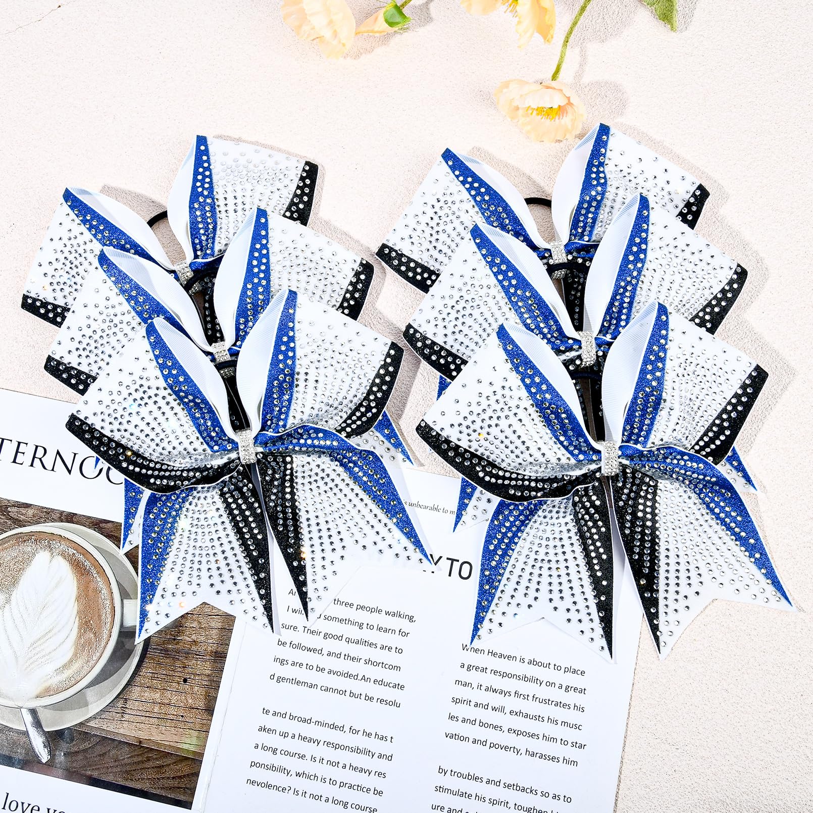 DEEKA 6-Pack 8-Inch Glitter Bows (Royal Blue/Black/White) with Rhinestones | Elastic Hair Ties