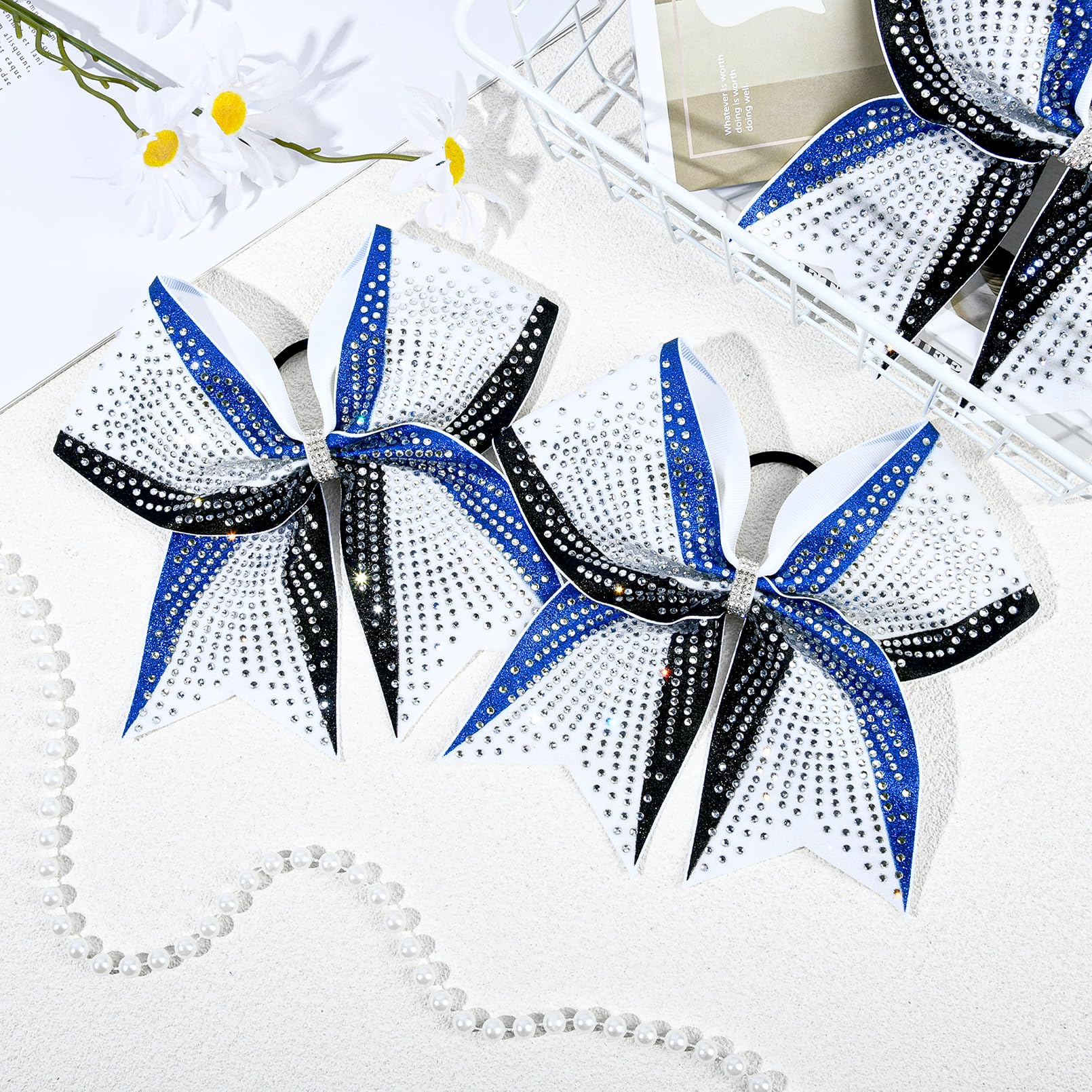 DEEKA 6-Pack 8-Inch Glitter Bows (Royal Blue/Black/White) with Rhinestones | Elastic Hair Ties