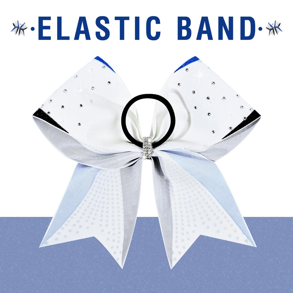 DEEKA 6-Pack 8-Inch Glitter Bows (Royal Blue/Black/White) with Rhinestones | Elastic Hair Ties