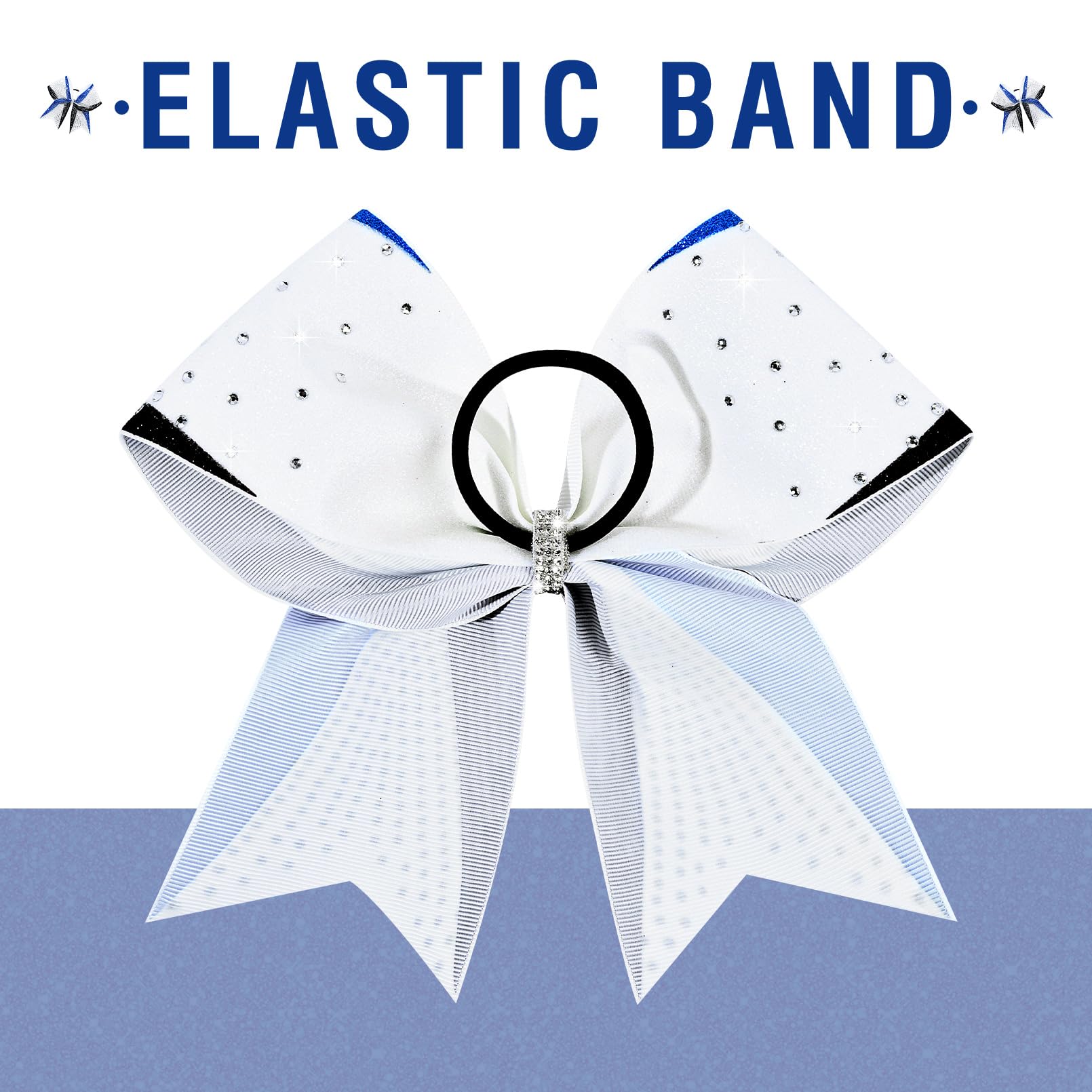 DEEKA 6-Pack 8-Inch Glitter Bows (Royal Blue/Black/White) with Rhinestones | Elastic Hair Ties