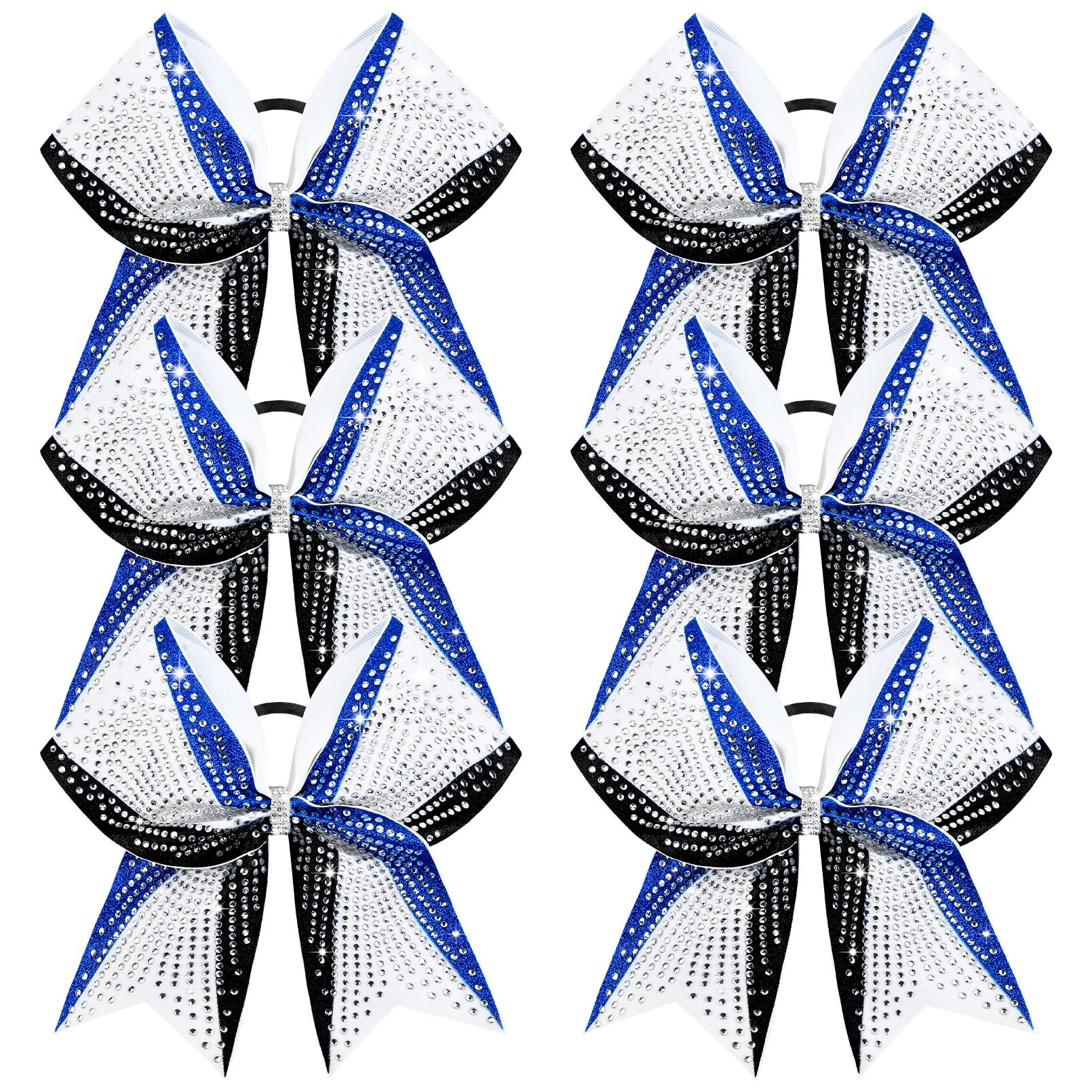DEEKA 6-Pack 8-Inch Glitter Bows (Royal Blue/Black/White) with Rhinestones | Elastic Hair Ties