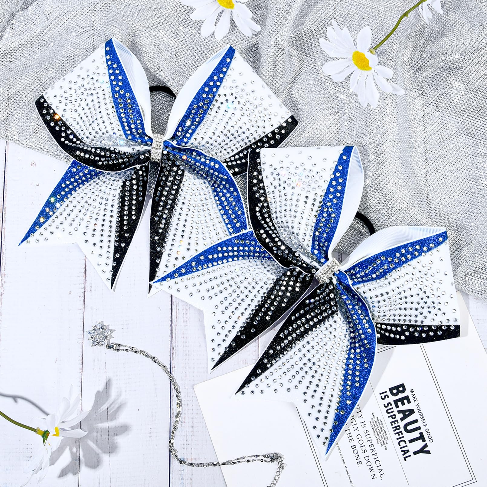 DEEKA 6-Pack 8-Inch Glitter Bows (Royal Blue/Black/White) with Rhinestones | Elastic Hair Ties