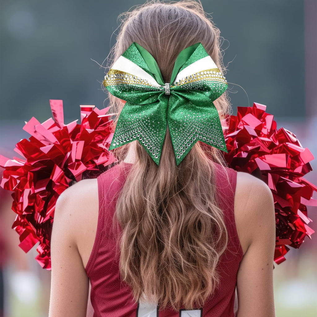 DEEKA 6-Pack 7-Inch Glitter Cheer Bows with Rhinestones — Green, Gold & White