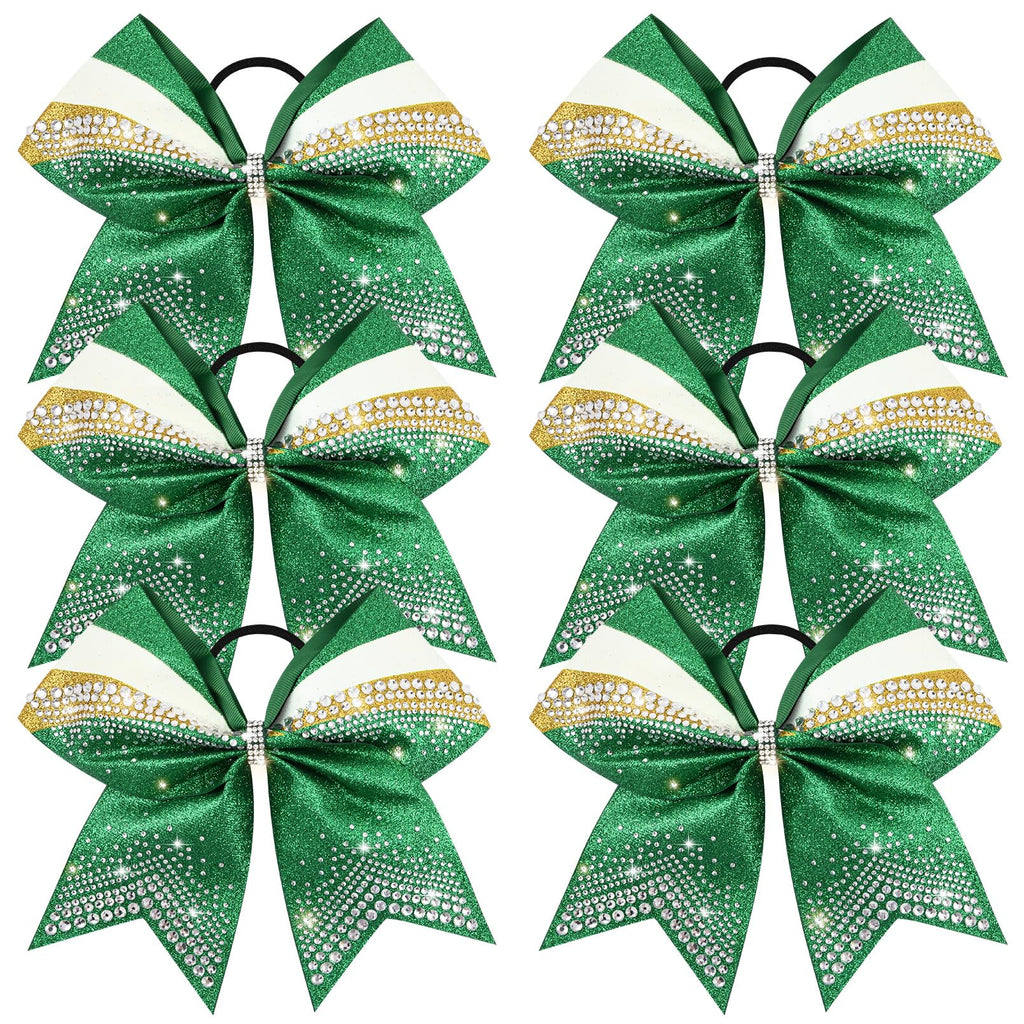 DEEKA 6-Pack 7-Inch Glitter Cheer Bows with Rhinestones — Green, Gold & White