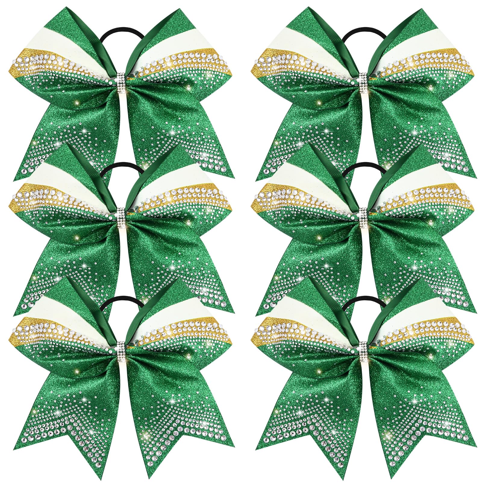 DEEKA 6-Pack 7-Inch Glitter Cheer Bows with Rhinestones — Green, Gold & White