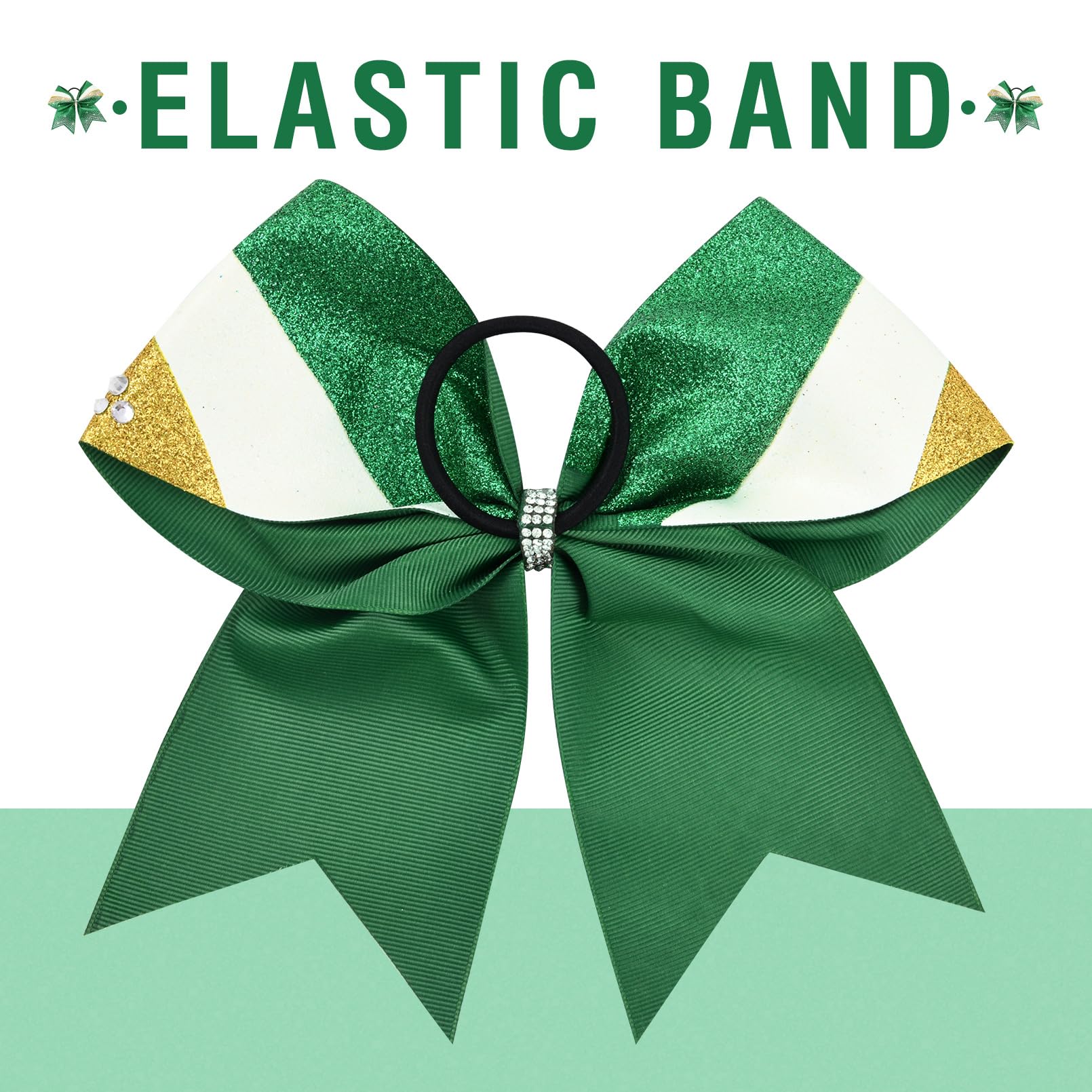 DEEKA 6-Pack 7-Inch Glitter Cheer Bows with Rhinestones — Green, Gold & White