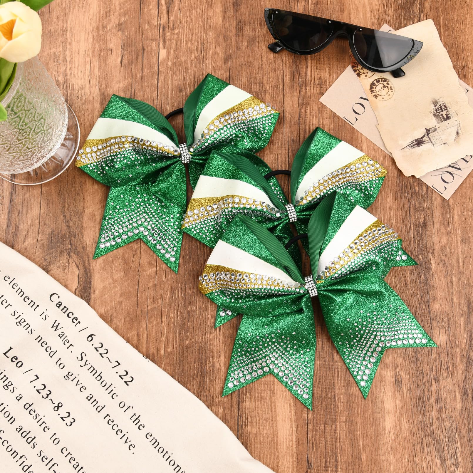 DEEKA 6-Pack 7-Inch Glitter Cheer Bows with Rhinestones — Green, Gold & White
