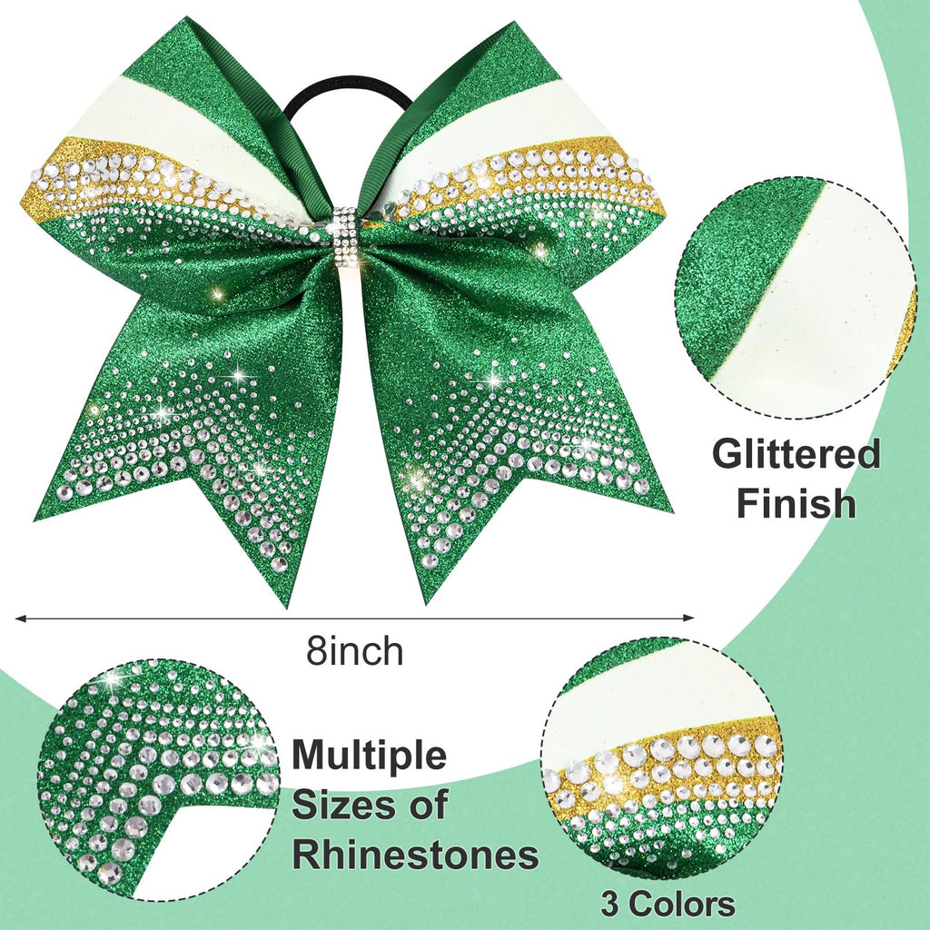 DEEKA 6-Pack 7-Inch Glitter Cheer Bows with Rhinestones — Green, Gold & White
