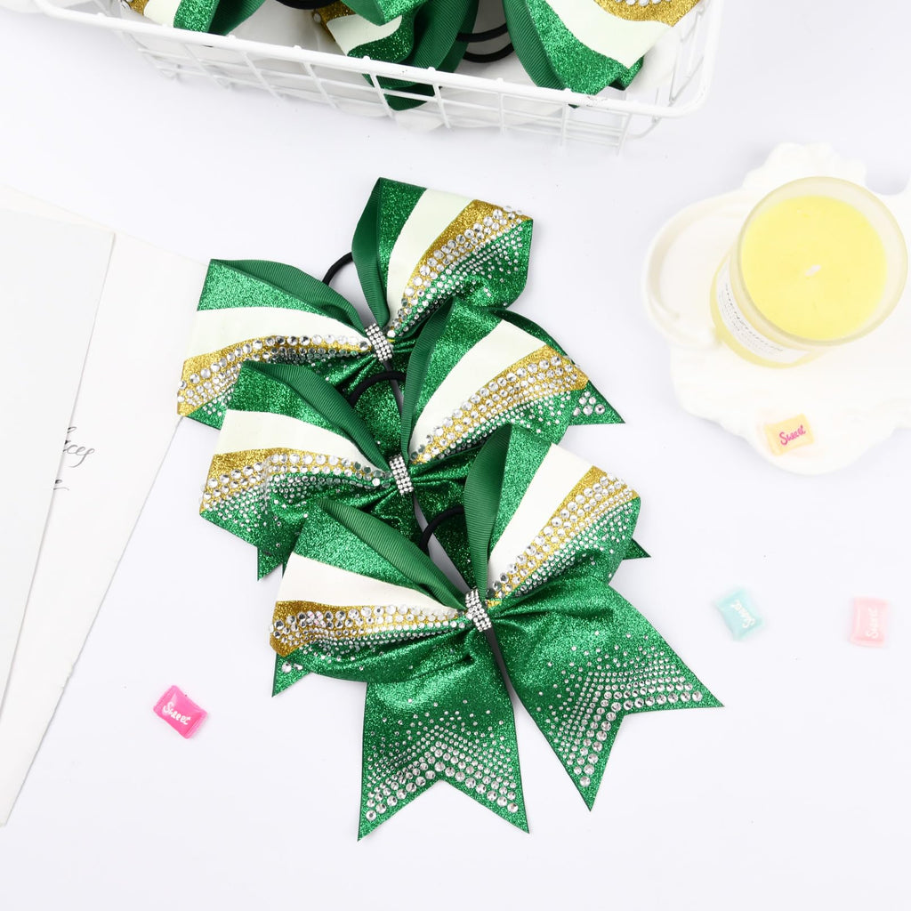 DEEKA 6-Pack 7-Inch Glitter Cheer Bows with Rhinestones — Green, Gold & White