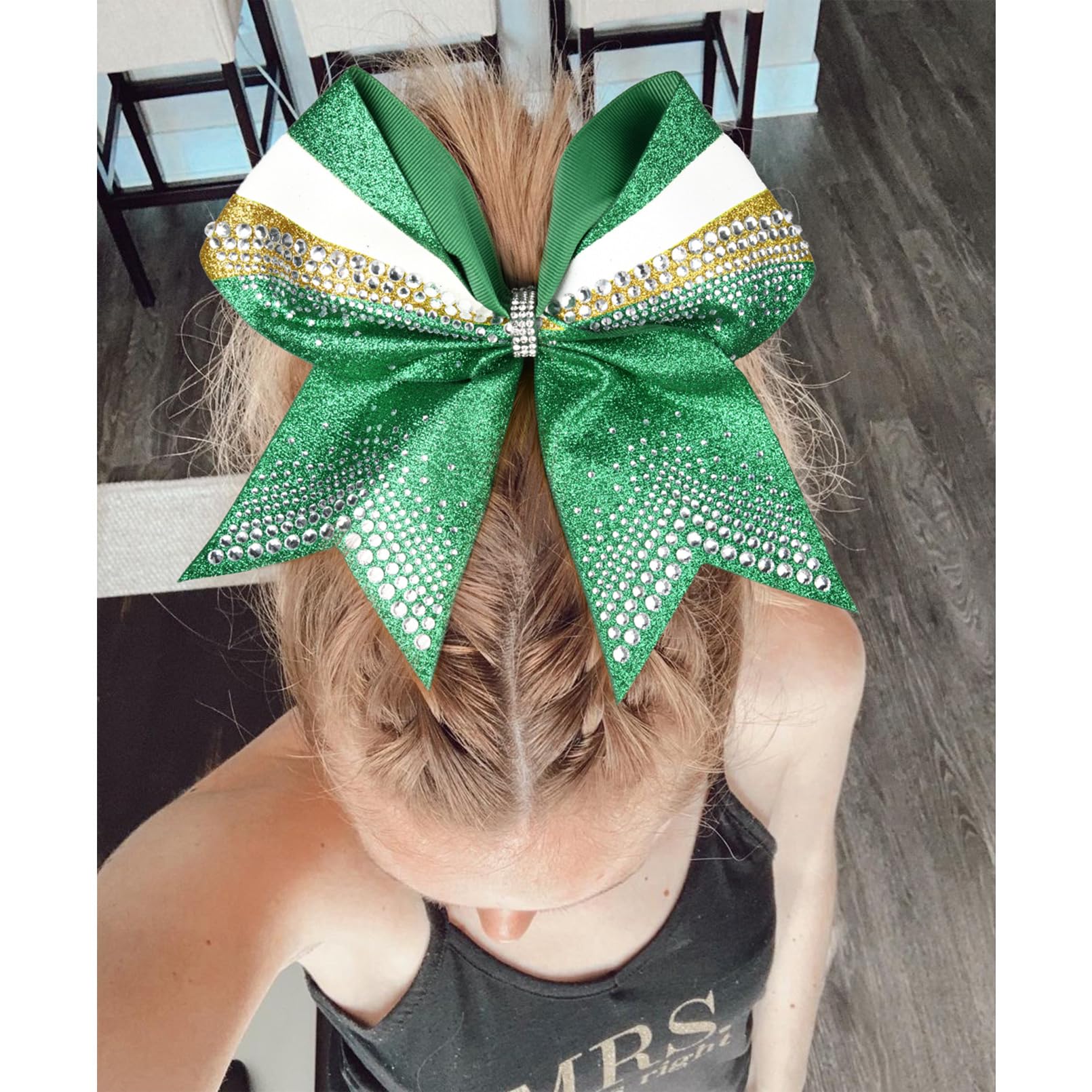 DEEKA 6-Pack 7-Inch Glitter Cheer Bows with Rhinestones — Green, Gold & White