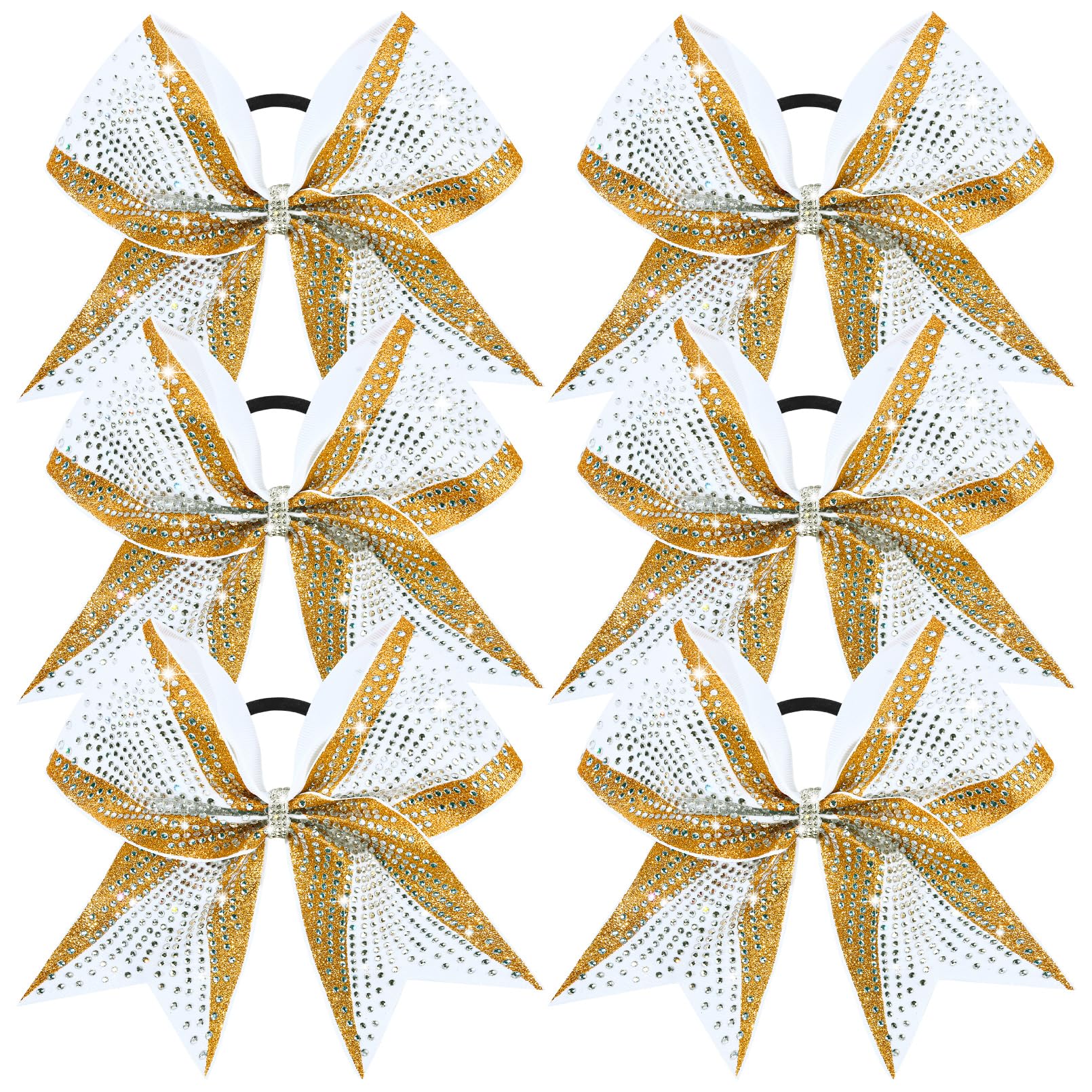 DEEKA 6-Pack 8-Inch Glitter Gold & White Cheer Bows with Rhinestones | Elastic Band Hair Accessories for Teams