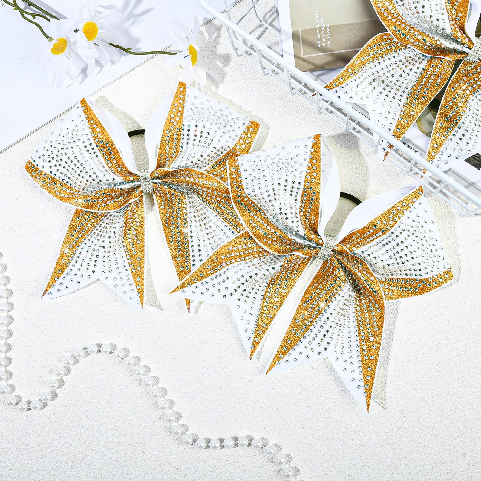 DEEKA 6-Pack 8-Inch Glitter Gold & White Cheer Bows with Rhinestones | Elastic Band Hair Accessories for Teams