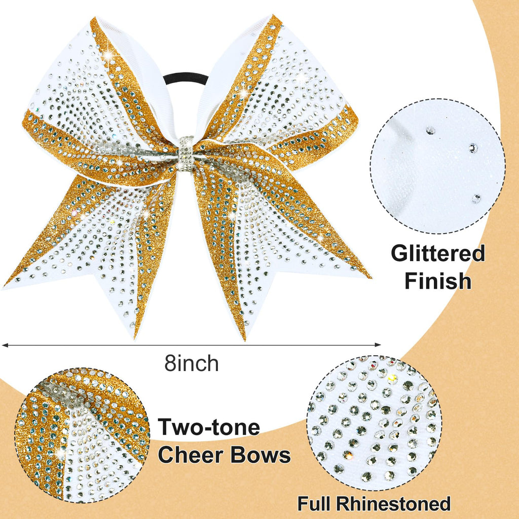 DEEKA 6-Pack 8-Inch Glitter Gold & White Cheer Bows with Rhinestones | Elastic Band Hair Accessories for Teams