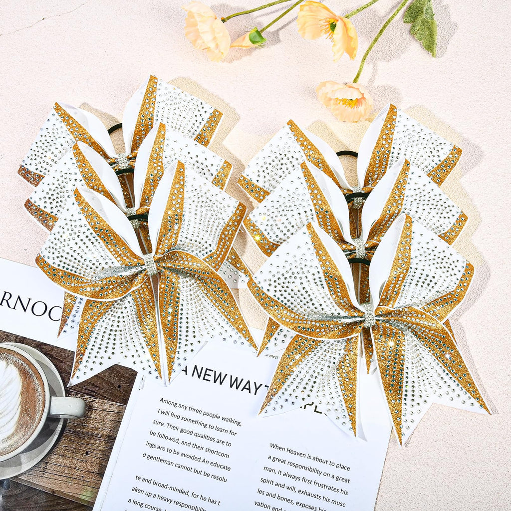 DEEKA 6-Pack 8-Inch Glitter Gold & White Cheer Bows with Rhinestones | Elastic Band Hair Accessories for Teams