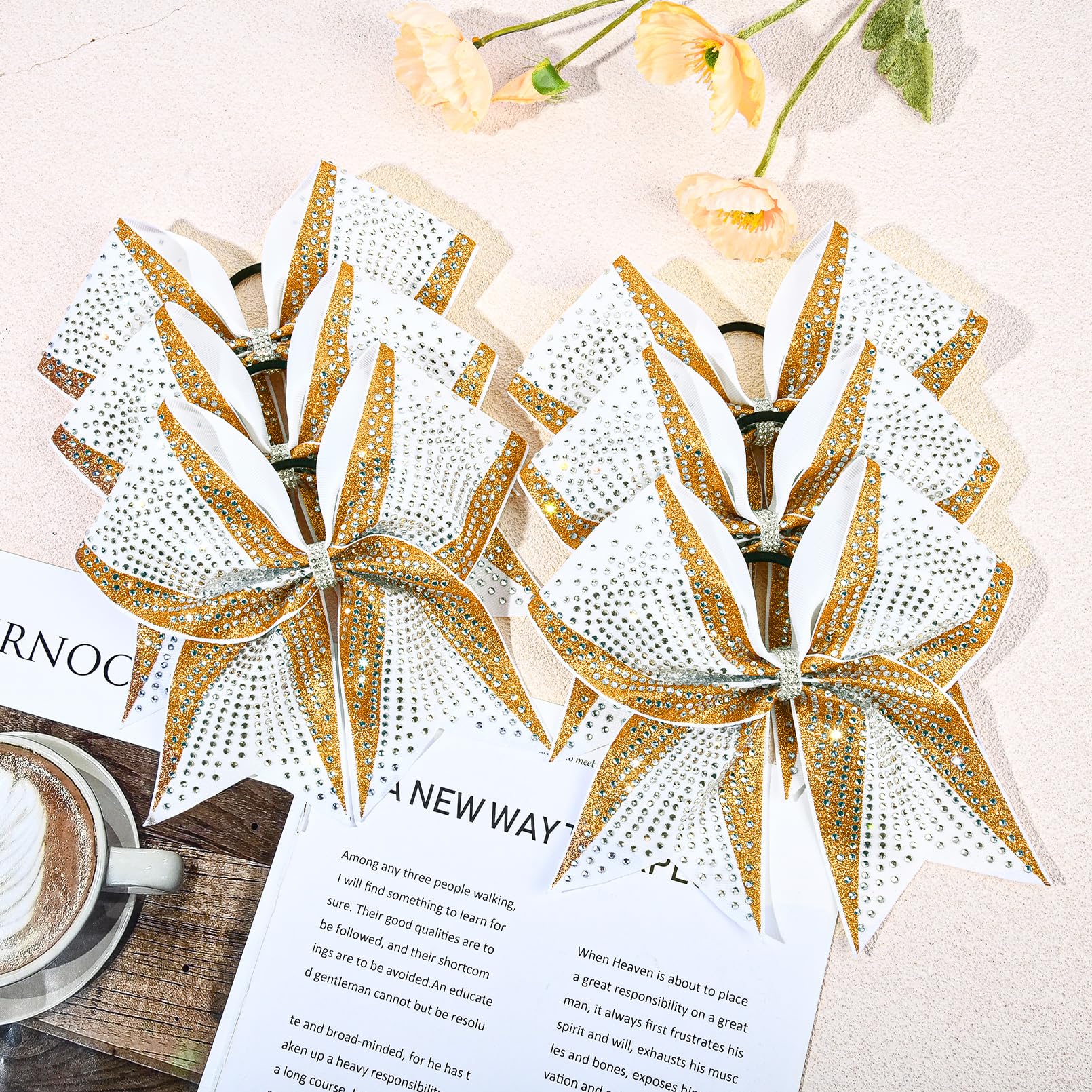 DEEKA 6-Pack 8-Inch Glitter Gold & White Cheer Bows with Rhinestones | Elastic Band Hair Accessories for Teams