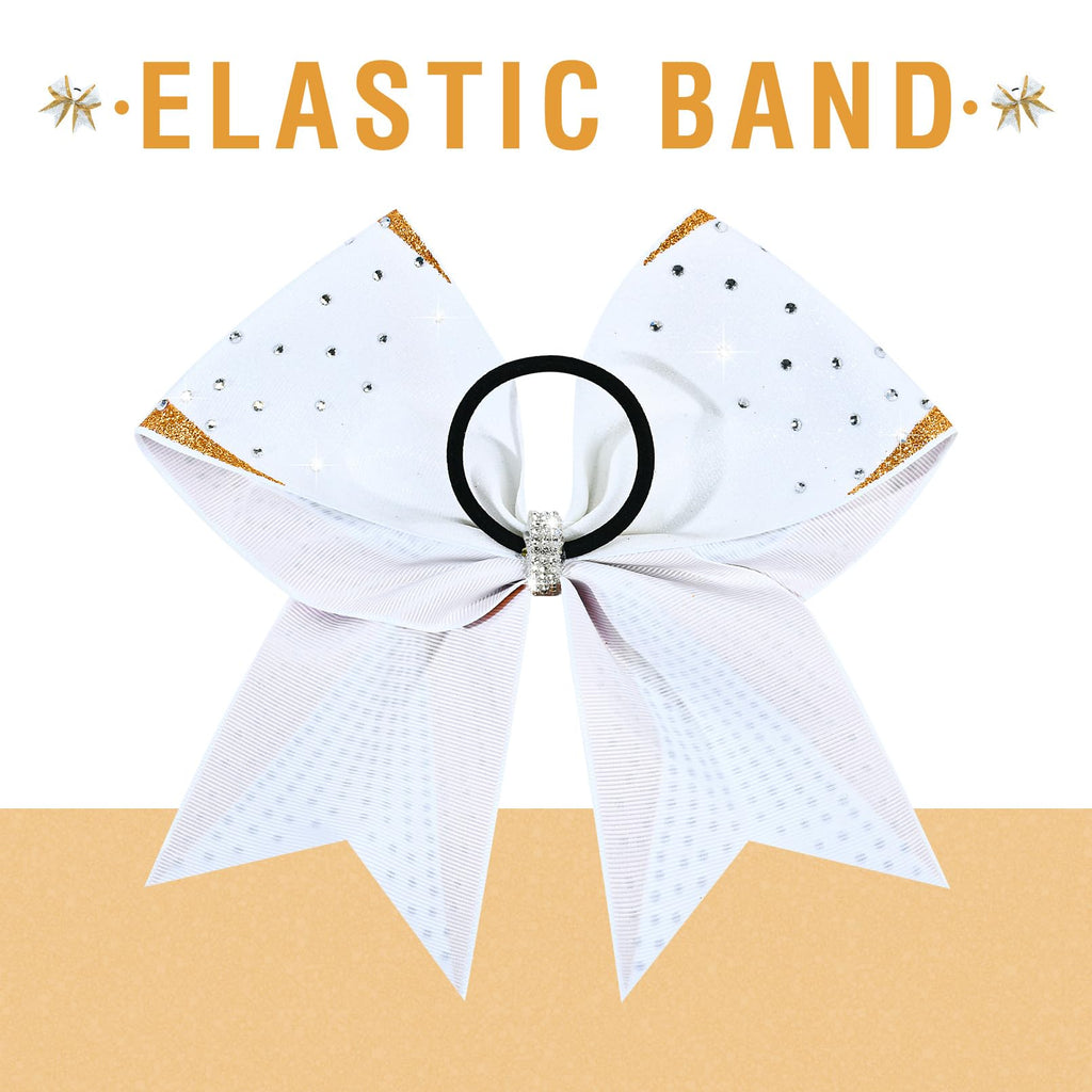 DEEKA 6-Pack 8-Inch Glitter Gold & White Cheer Bows with Rhinestones | Elastic Band Hair Accessories for Teams