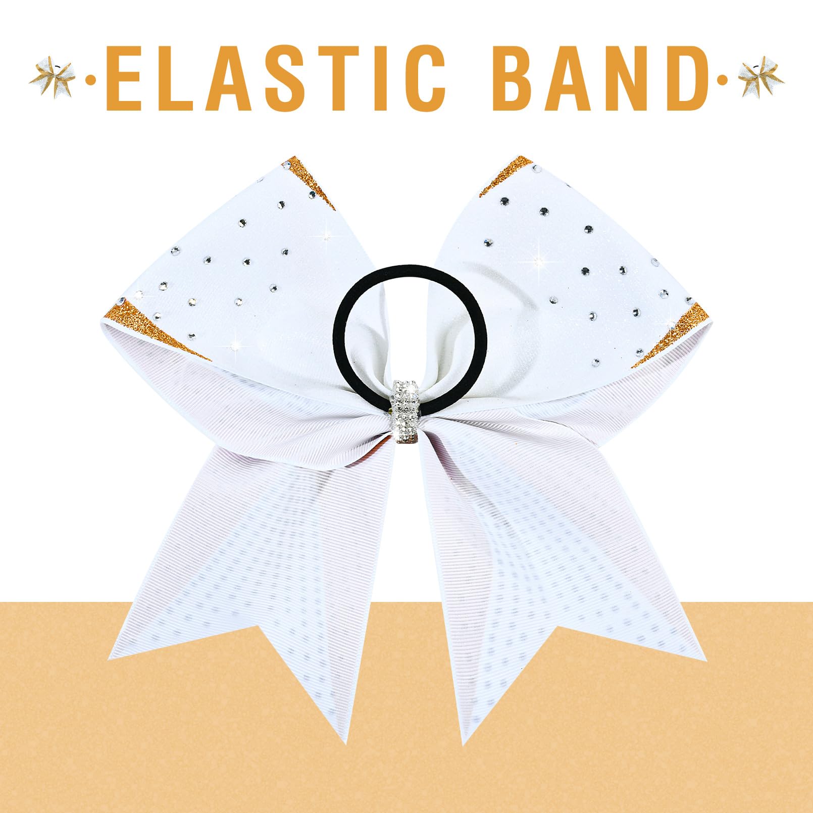 DEEKA 6-Pack 8-Inch Glitter Gold & White Cheer Bows with Rhinestones | Elastic Band Hair Accessories for Teams