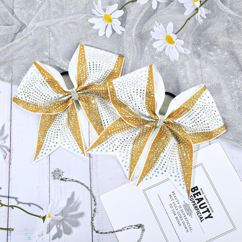 DEEKA 6-Pack 8-Inch Glitter Gold & White Cheer Bows with Rhinestones | Elastic Band Hair Accessories for Teams