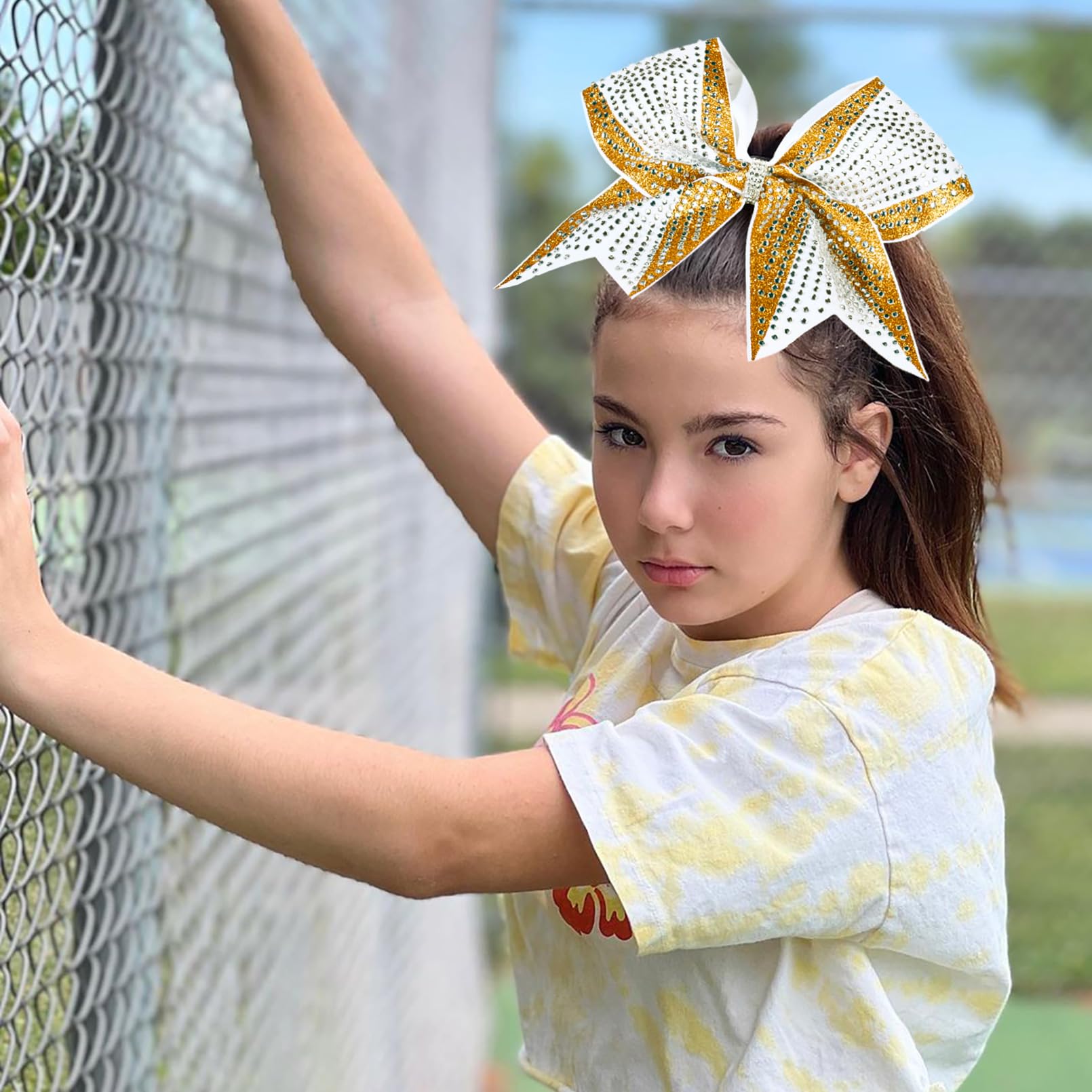 DEEKA 6-Pack 8-Inch Glitter Gold & White Cheer Bows with Rhinestones | Elastic Band Hair Accessories for Teams